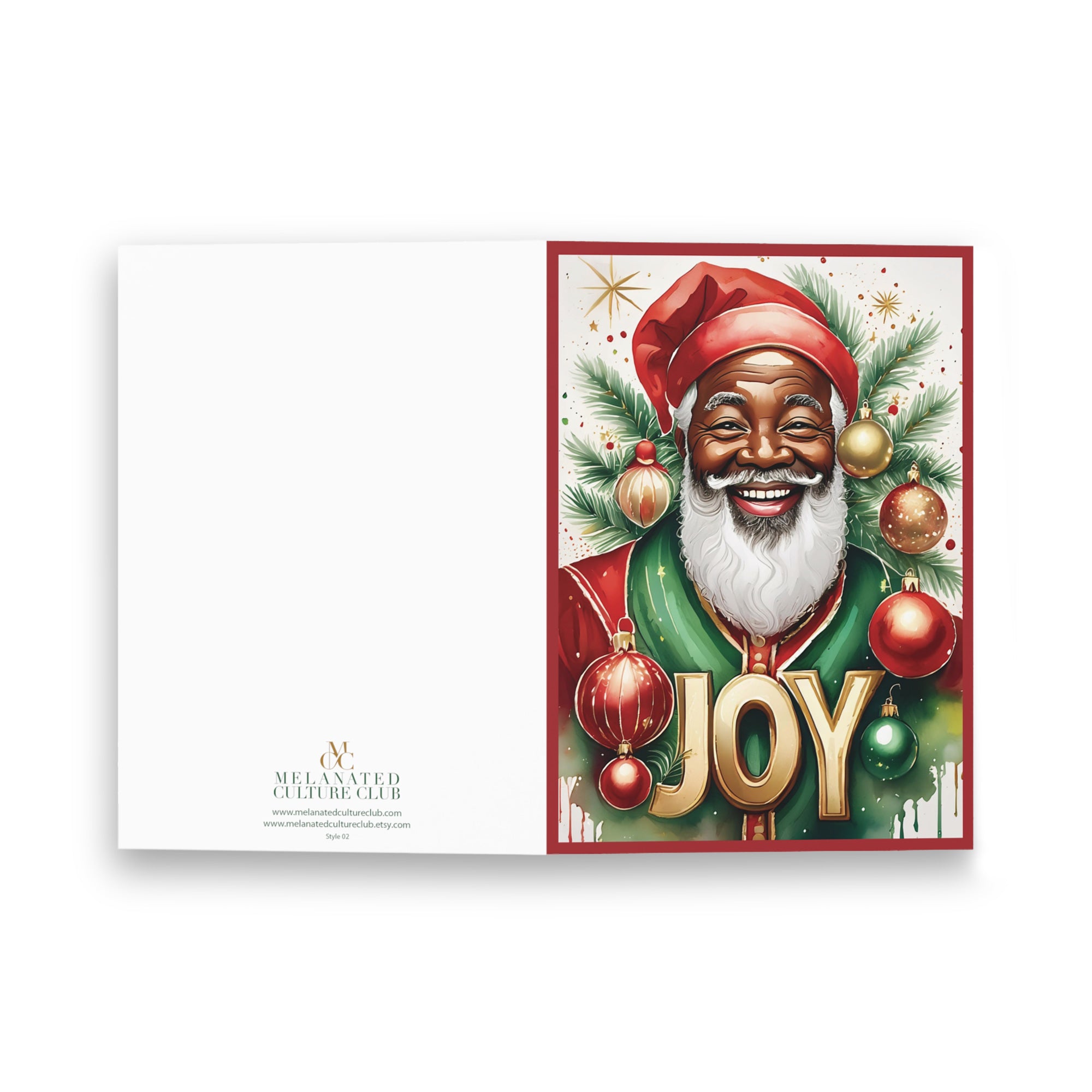 Black Santa Christmas Card with the word “JOY,” featuring an African American Santa Claus design, festive Afrocentric holiday greeting card with envelope.