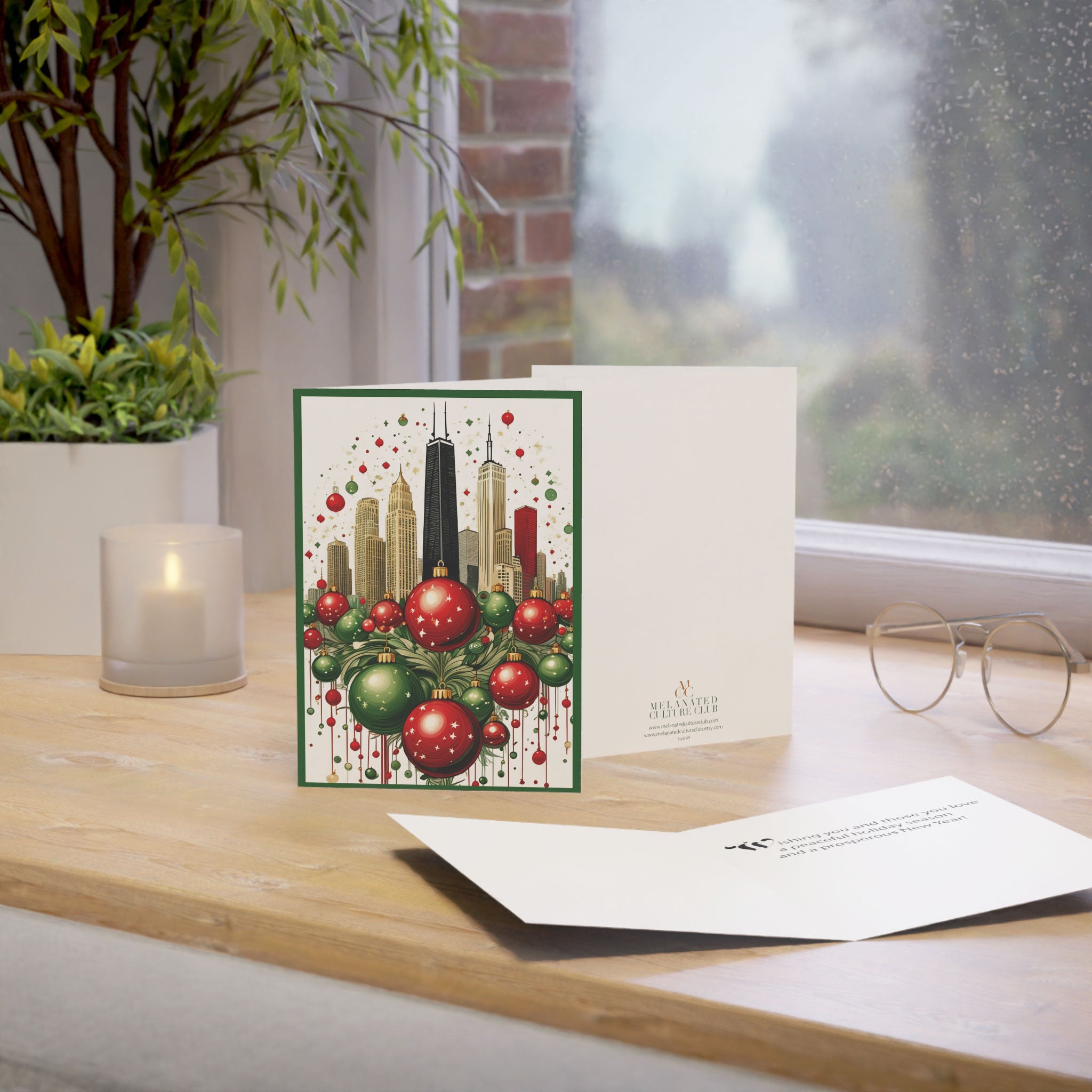 Chicago Skyline Christmas Card featuring the John Hancock Building decorated with festive ornaments, Windy City holiday greeting card available as a single card or multipack with envelopes.