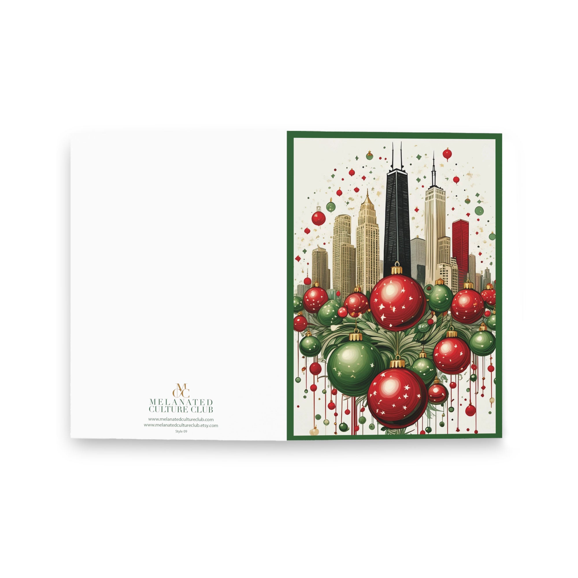 Chicago Skyline Christmas Card featuring the John Hancock Building decorated with festive ornaments, Windy City holiday greeting card available as a single card or multipack with envelopes.