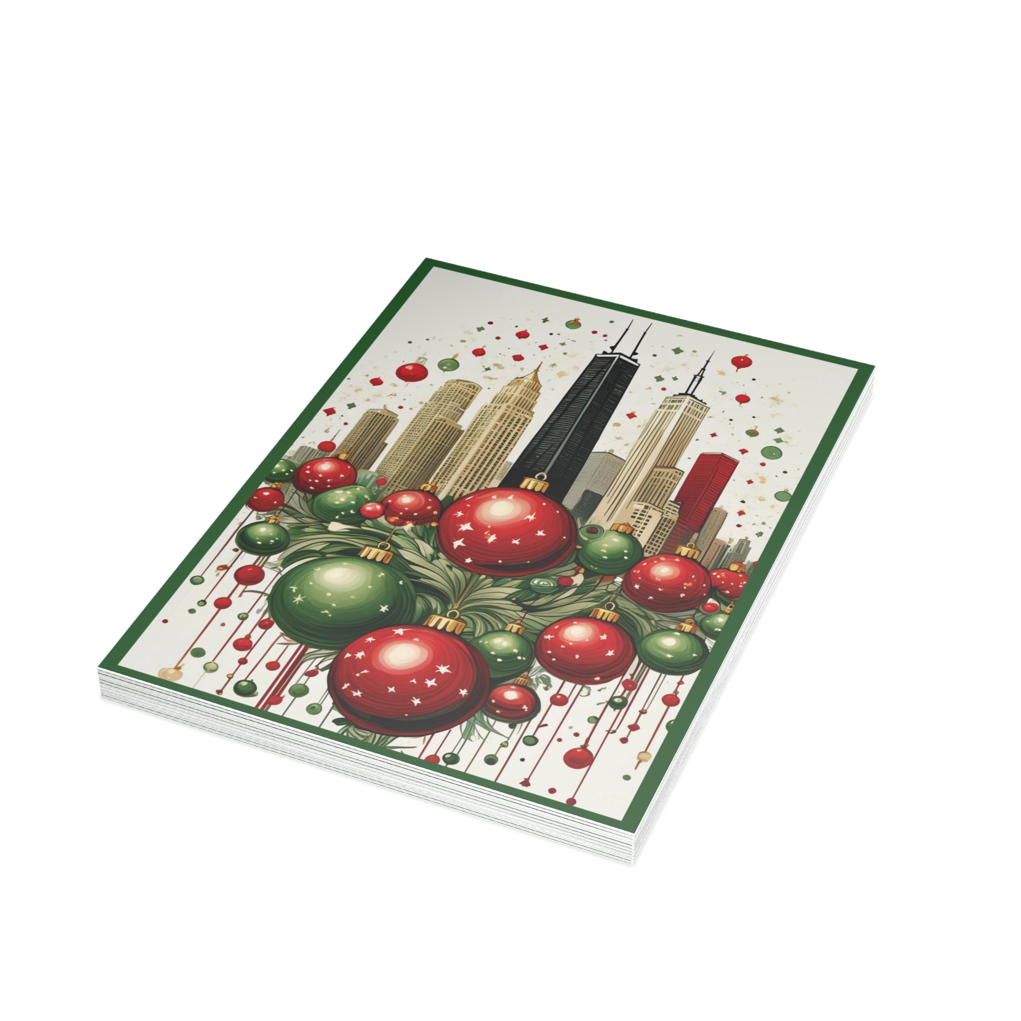 Chicago Skyline Christmas Card featuring the John Hancock Building decorated with festive ornaments, Windy City holiday greeting card available as a single card or multipack with envelopes. (10 cards)