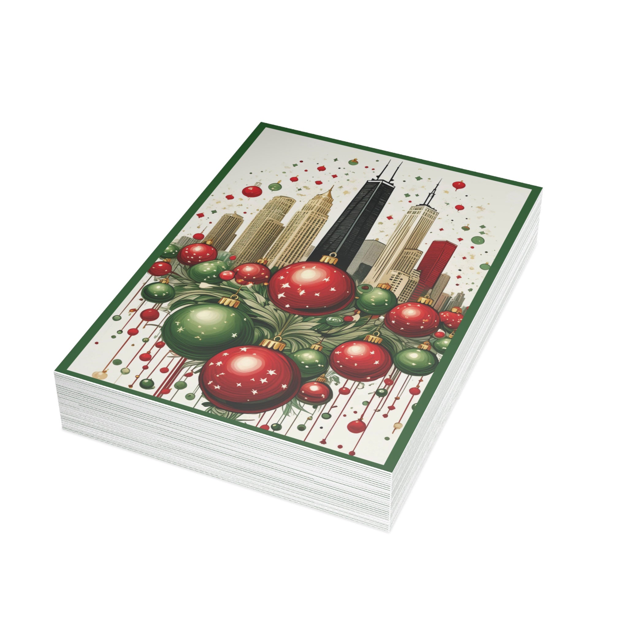 Chicago Skyline Christmas Card featuring the John Hancock Building decorated with festive ornaments, Windy City holiday greeting card available as a single card or multipack with envelopes. (30 cards)