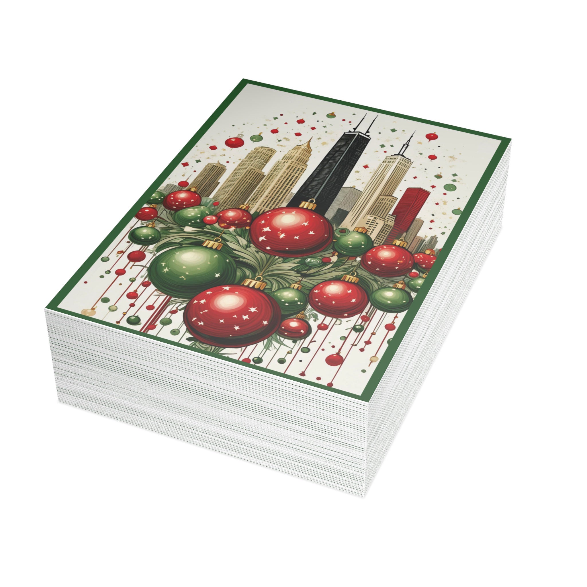 Chicago Skyline Christmas Card featuring the John Hancock Building decorated with festive ornaments, Windy City holiday greeting card available as a single card or multipack with envelopes. (50 cards)