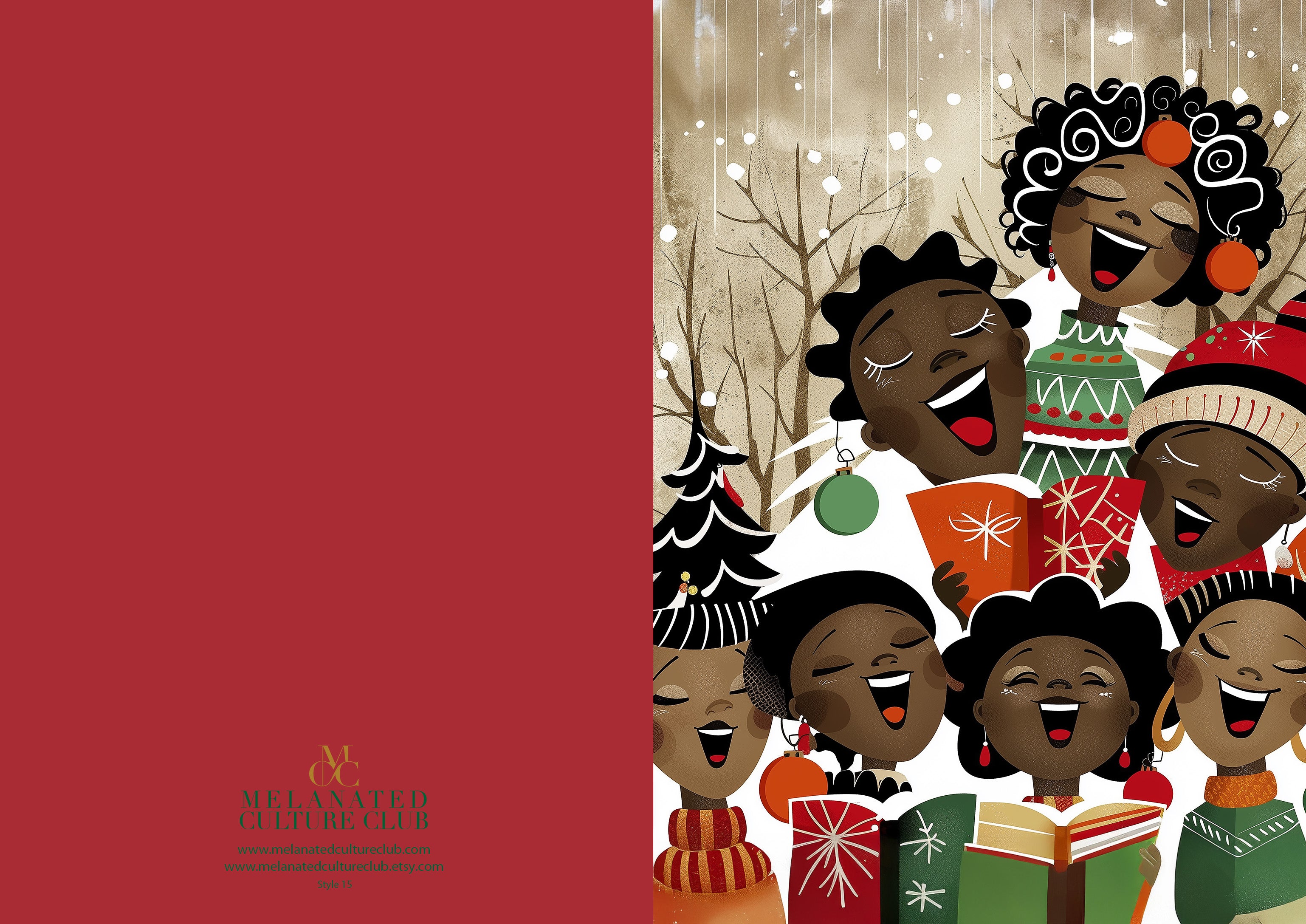Christmas cards featuring African American holiday carolers and Black church choir singers in festive attire, available as a single card or boxed set with white envelopes.