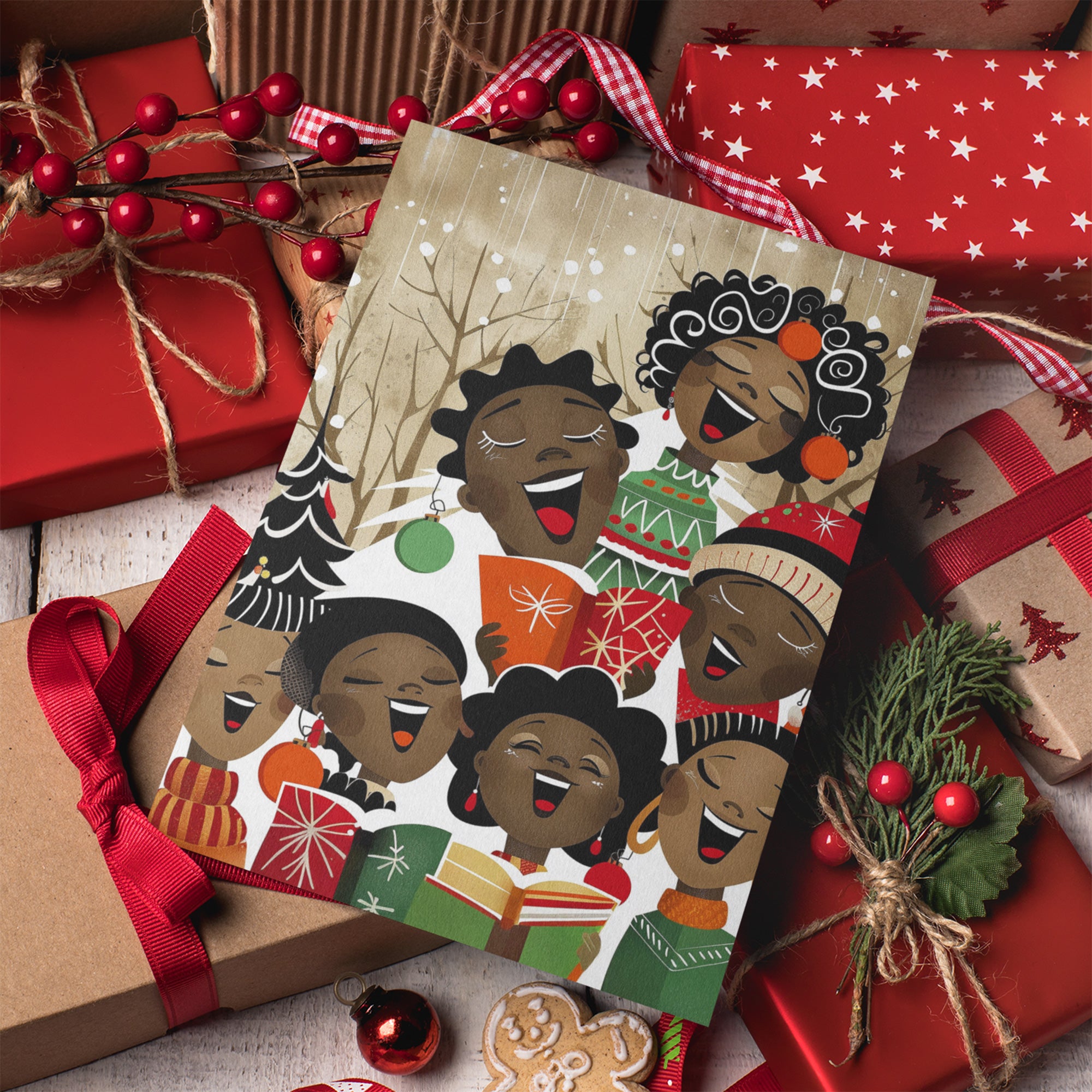 Christmas cards featuring African American holiday carolers and Black church choir singers in festive attire, available as a single card or boxed set with white envelopes.