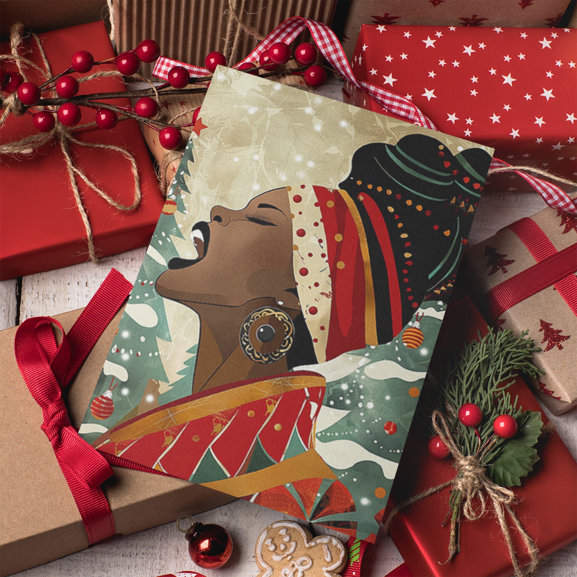 Black Woman Singer Christmas Card featuring a joyful Afrocentric holiday design of a Black woman singing, available as a single card or multipack with white envelopes.