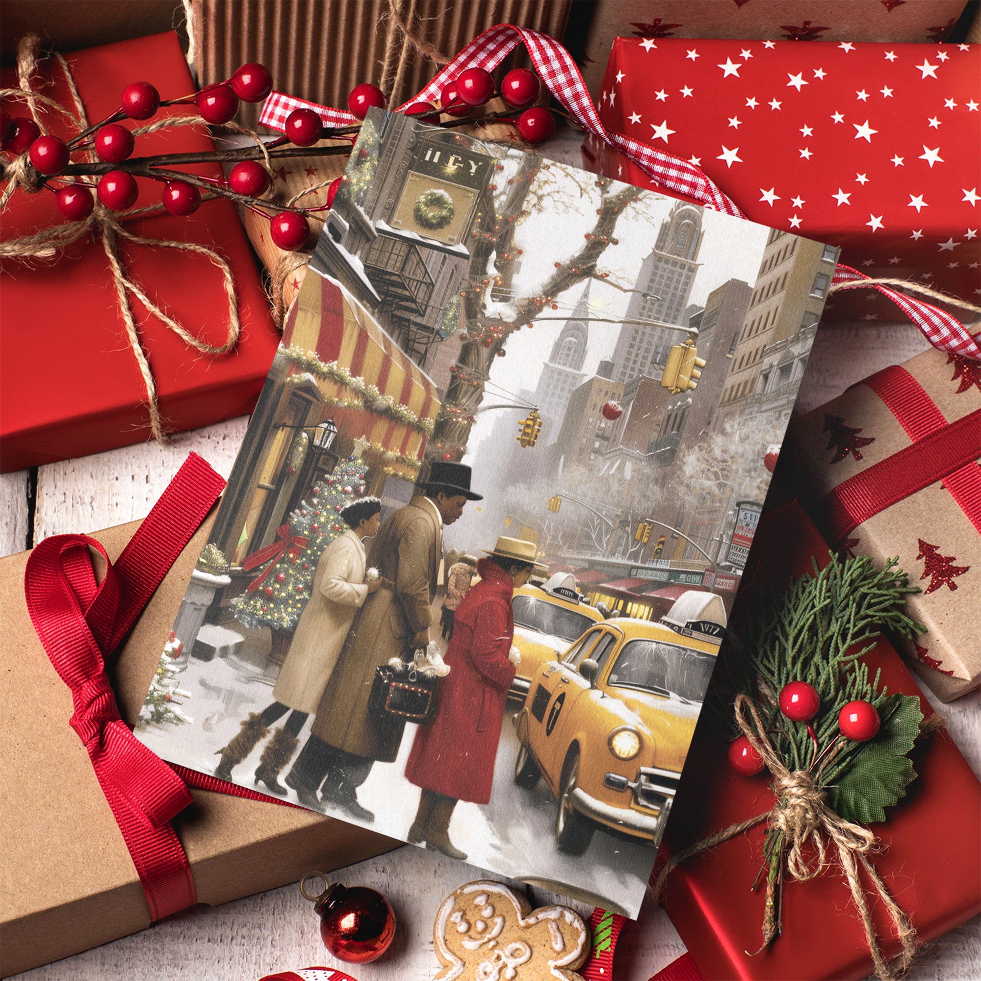 African American Christmas Shoppers Holiday Card featuring stylish Black families shopping in New York City during the holiday season, available as a single card or multipack with white envelopes.