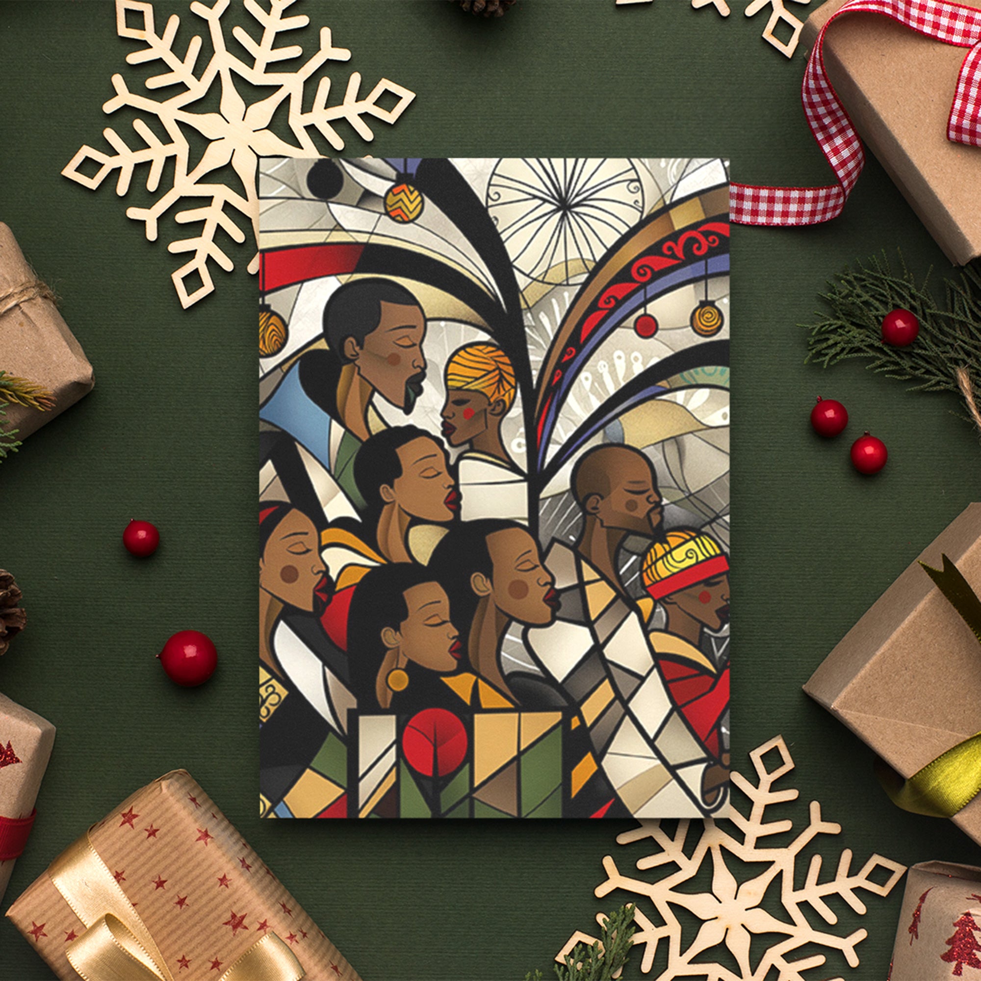 Black Christmas Choir Christmas Card featuring Afrocentric stained glass design of an African American choir singing joyfully, available as a single card or multipack with white envelopes.