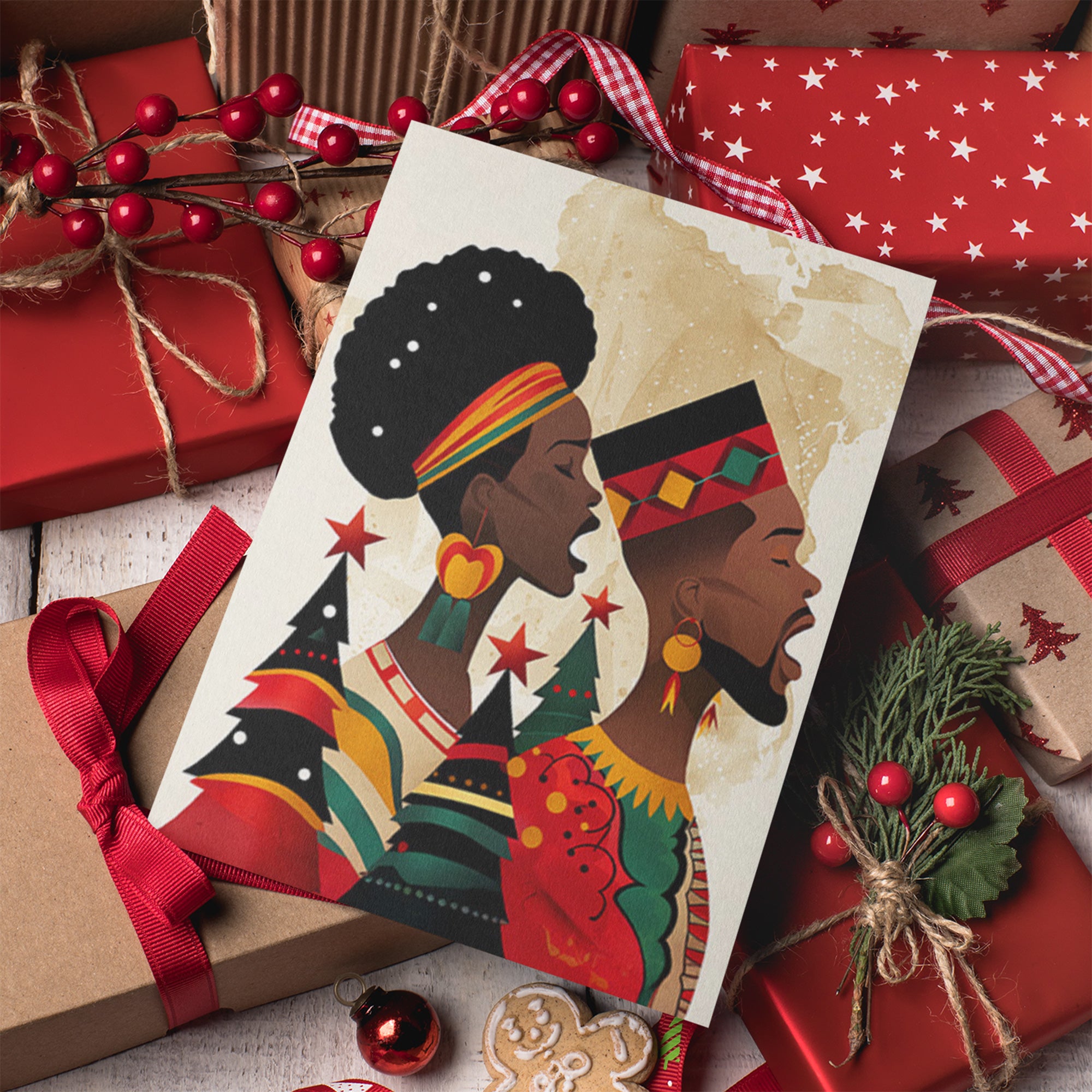 African American Couple Christmas Card featuring a Black man and woman dressed in traditional African clothing, holiday greeting card with envelopes.