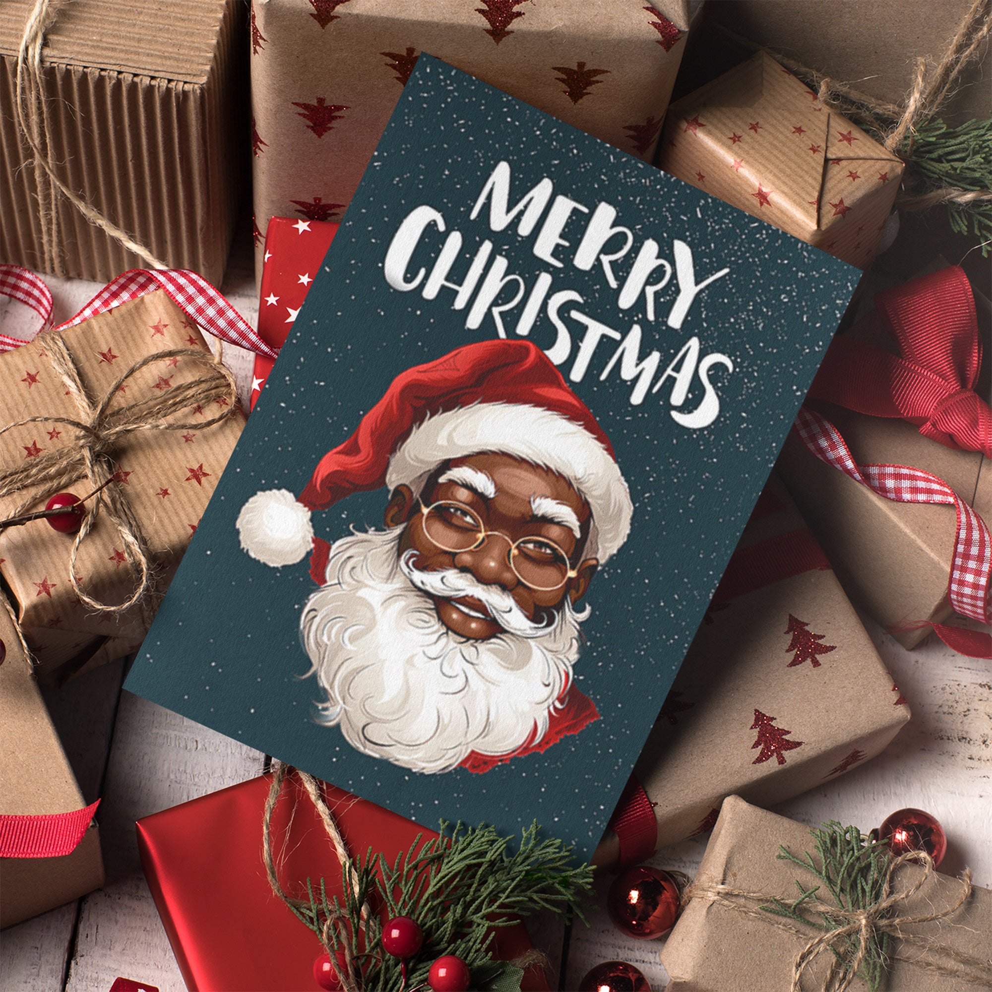 African American Santa Christmas Card – Afrocentric holiday greeting featuring a Black Santa Claus design, festive Christmas card with envelope.
