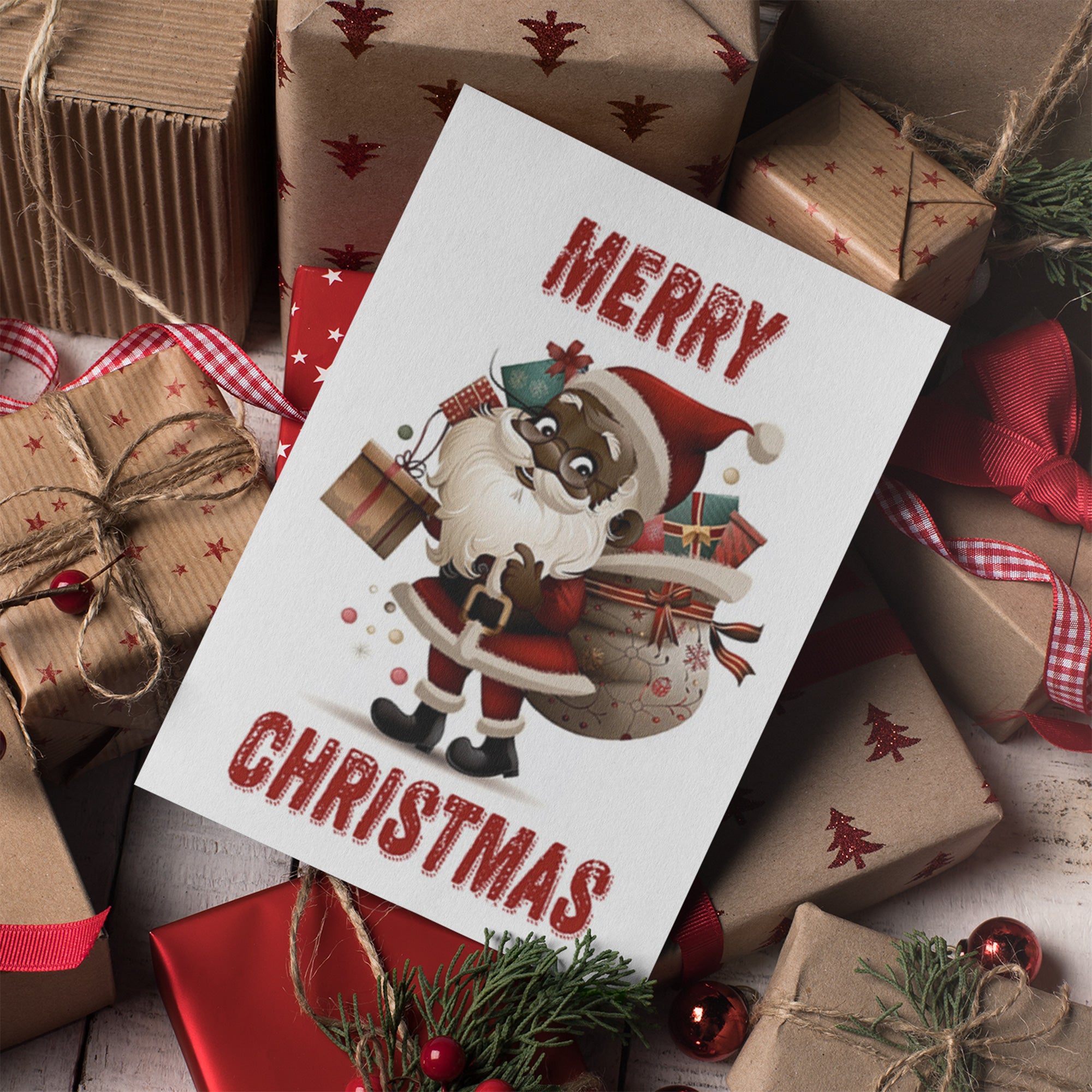 African American Santa Christmas Card – Afrocentric holiday greeting featuring a Black Santa Claus design, festive Christmas card with envelope.