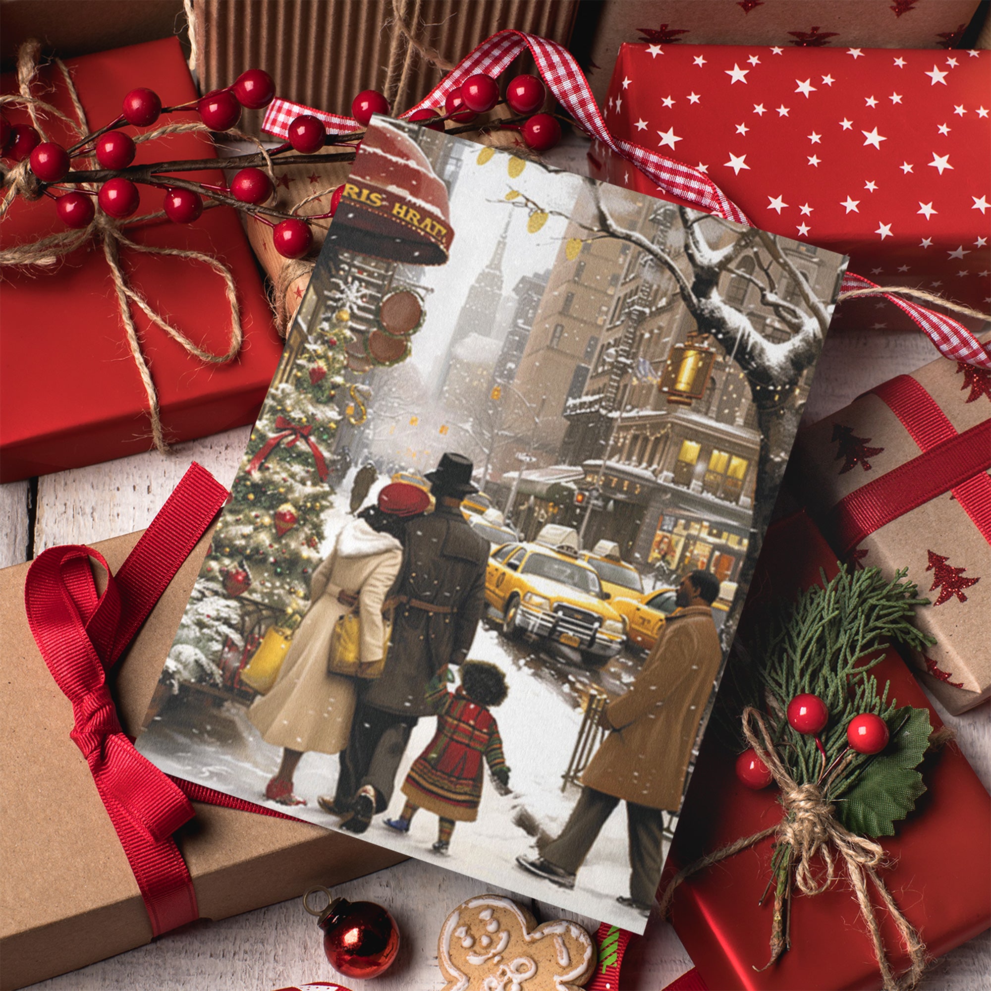 African American Family Christmas Card featuring a stylish Black family holiday shopping in New York City, Afrocentric holiday greeting card available as single or multipack with white envelopes.