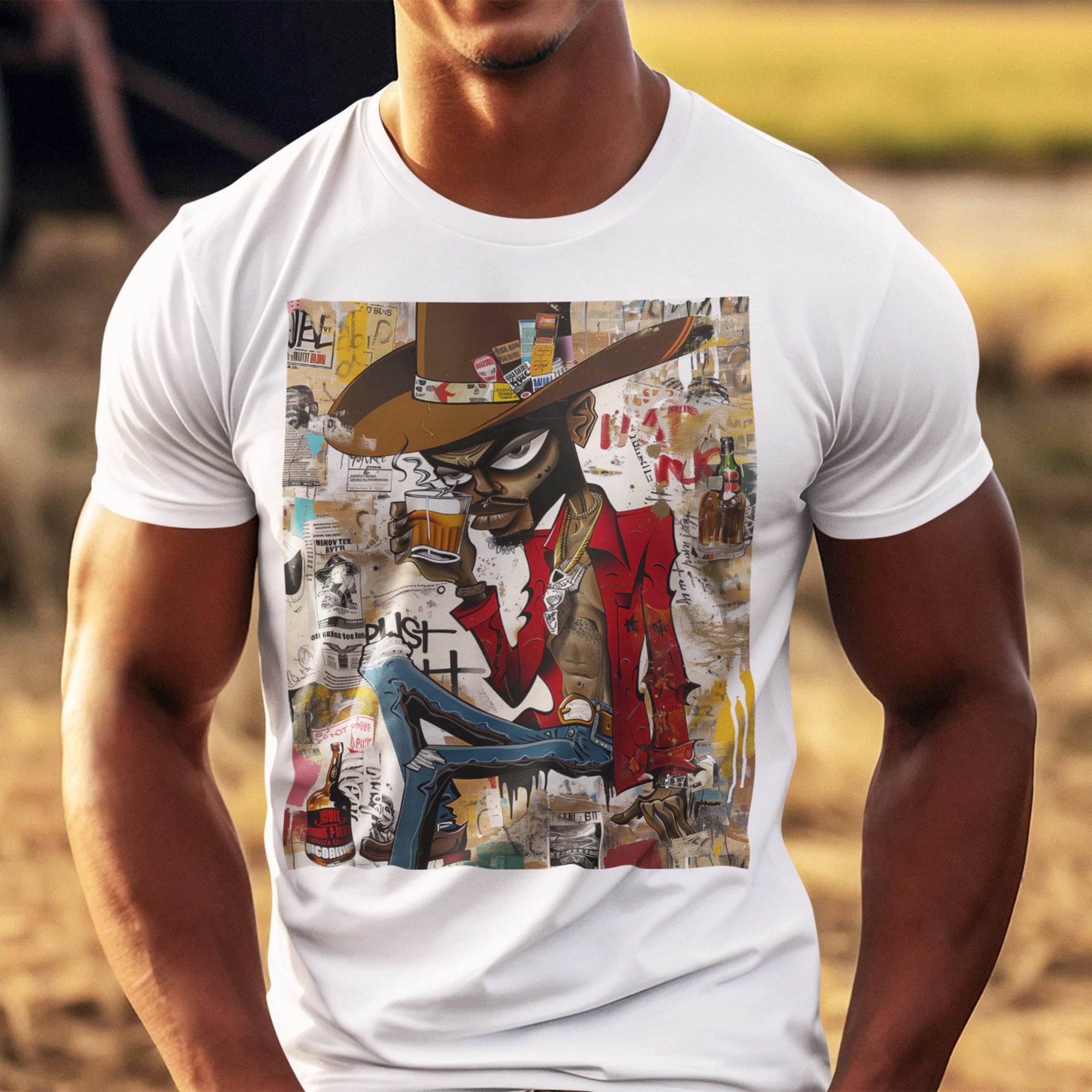 Black Cowboy Tee Cartoon Style in white.