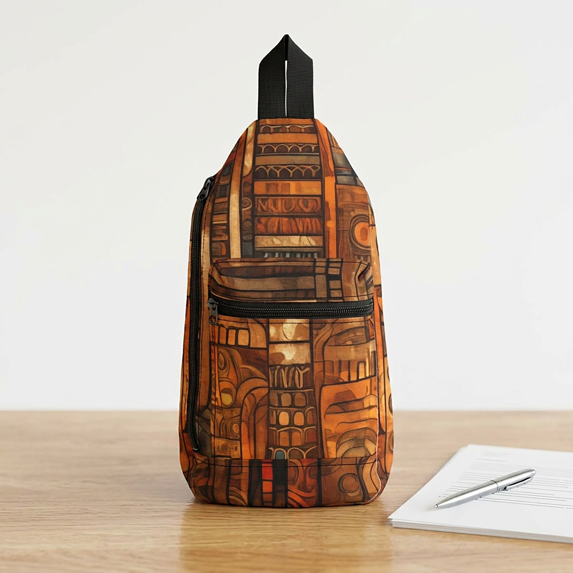 Colorful abstract Afrocentric crossbody sling bag featuring vibrant collage art with bold geometric shapes, layered textures, rich colors, and contemporary cultural-inspired design.