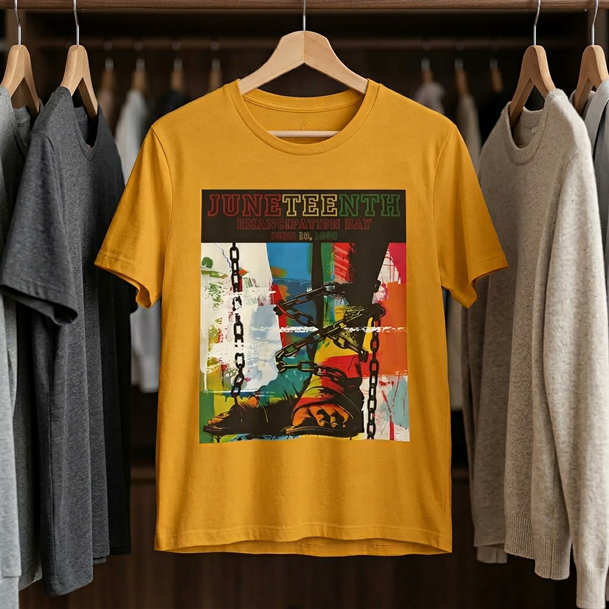 Juneteenth Emancipation Day tee shirt featuring chains wrapped around bare feet symbolizing liberation from slavery, freedom, resilience, and African American history.