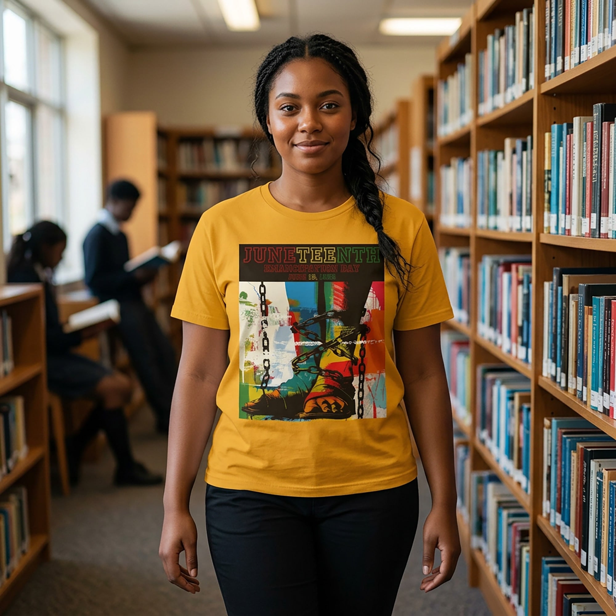 Juneteenth Emancipation Day tee shirt featuring chains wrapped around bare feet symbolizing liberation from slavery, freedom, resilience, and African American history.