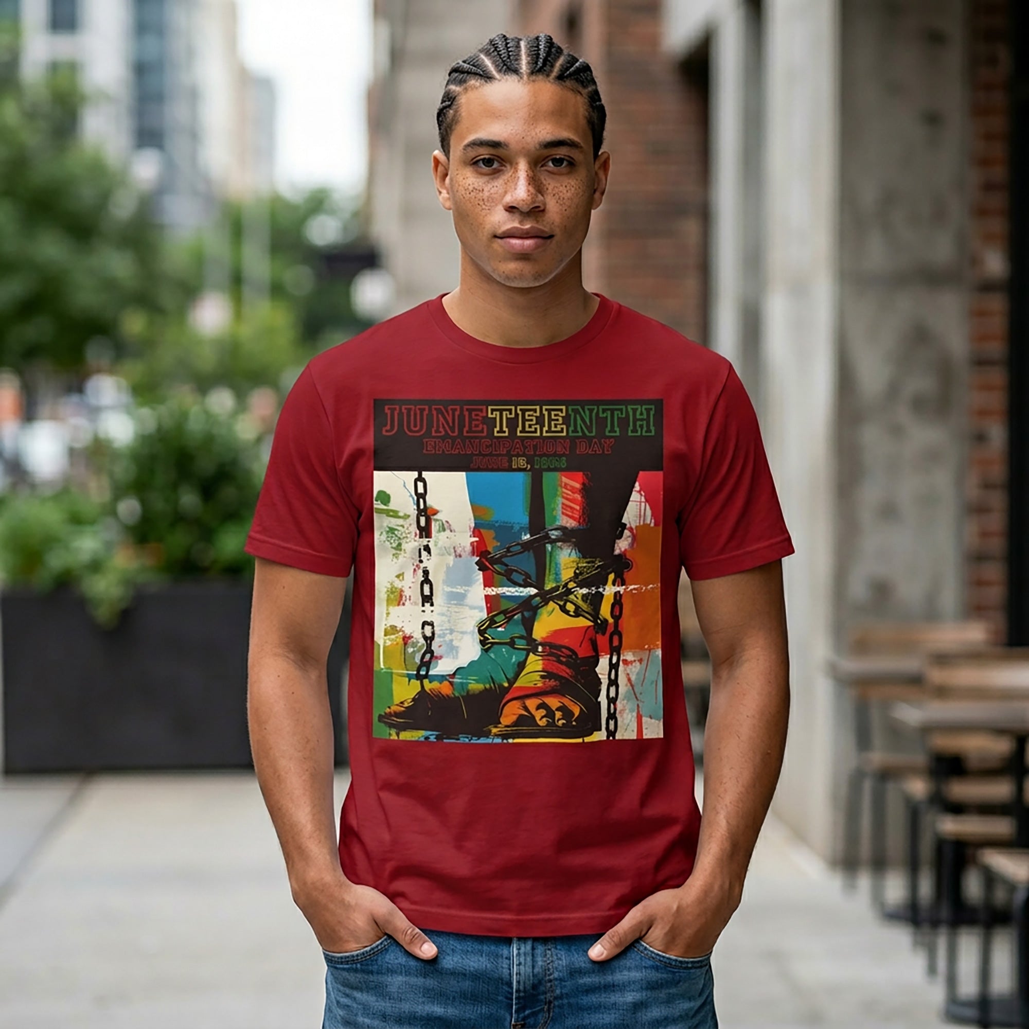 Juneteenth Emancipation Day tee shirt featuring chains wrapped around bare feet symbolizing liberation from slavery, freedom, resilience, and African American history.