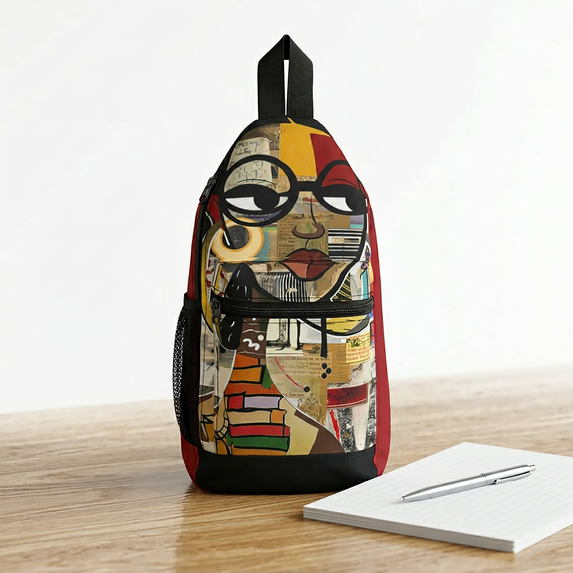 Latisha crossbody sling bag featuring an abstract cartoon-style Black woman with oversized round black eyeglasses in a vibrant Afrocentric graffiti art design celebrating Black girl magic and empowerment.
