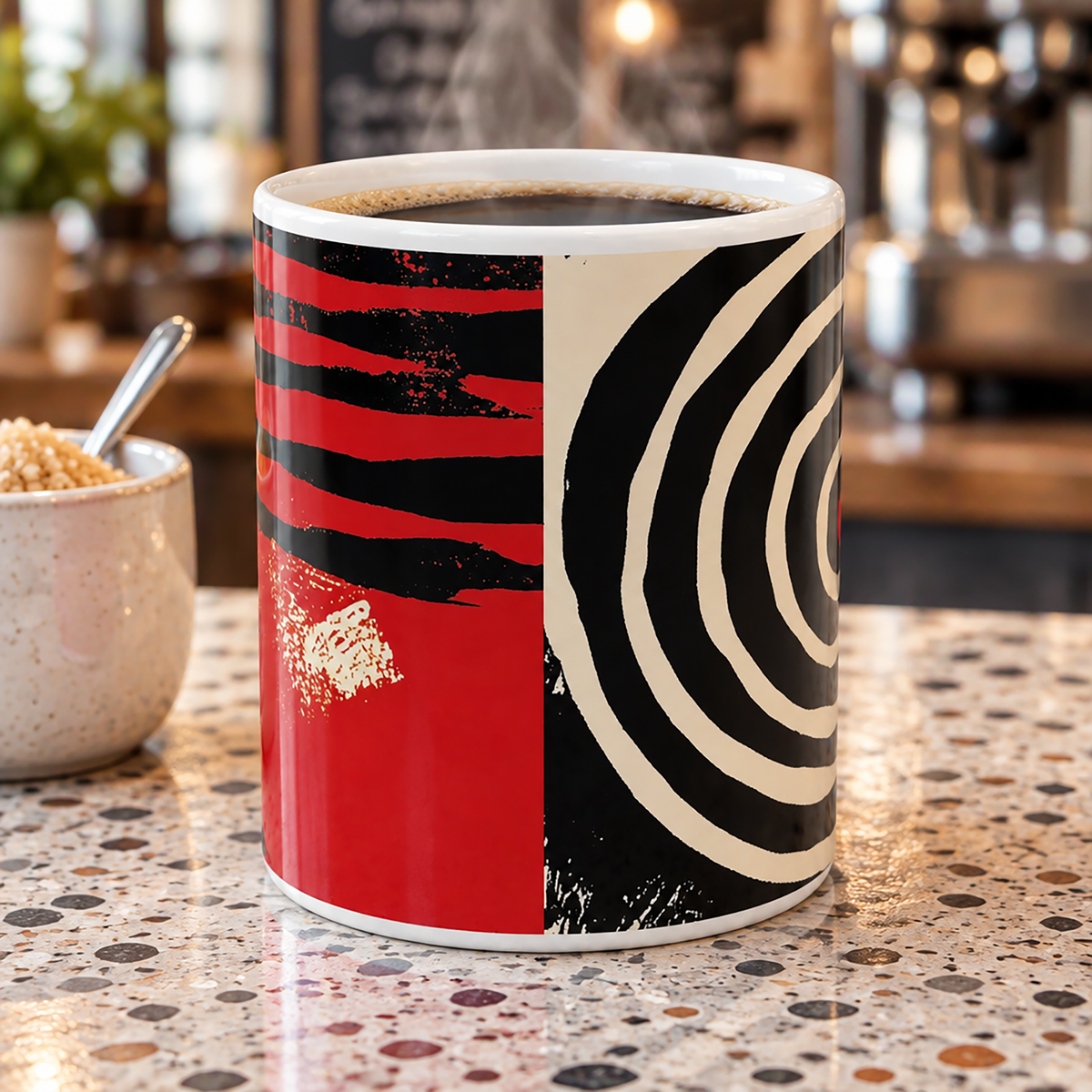 Front view of 11 oz. red, black and cream abstract art coffee mug featuring bold geometric circles, stripes, organic shapes and a Bauhaus-inspired modern design, displayed on top of a terramezzo counter top in a kitchen setting.