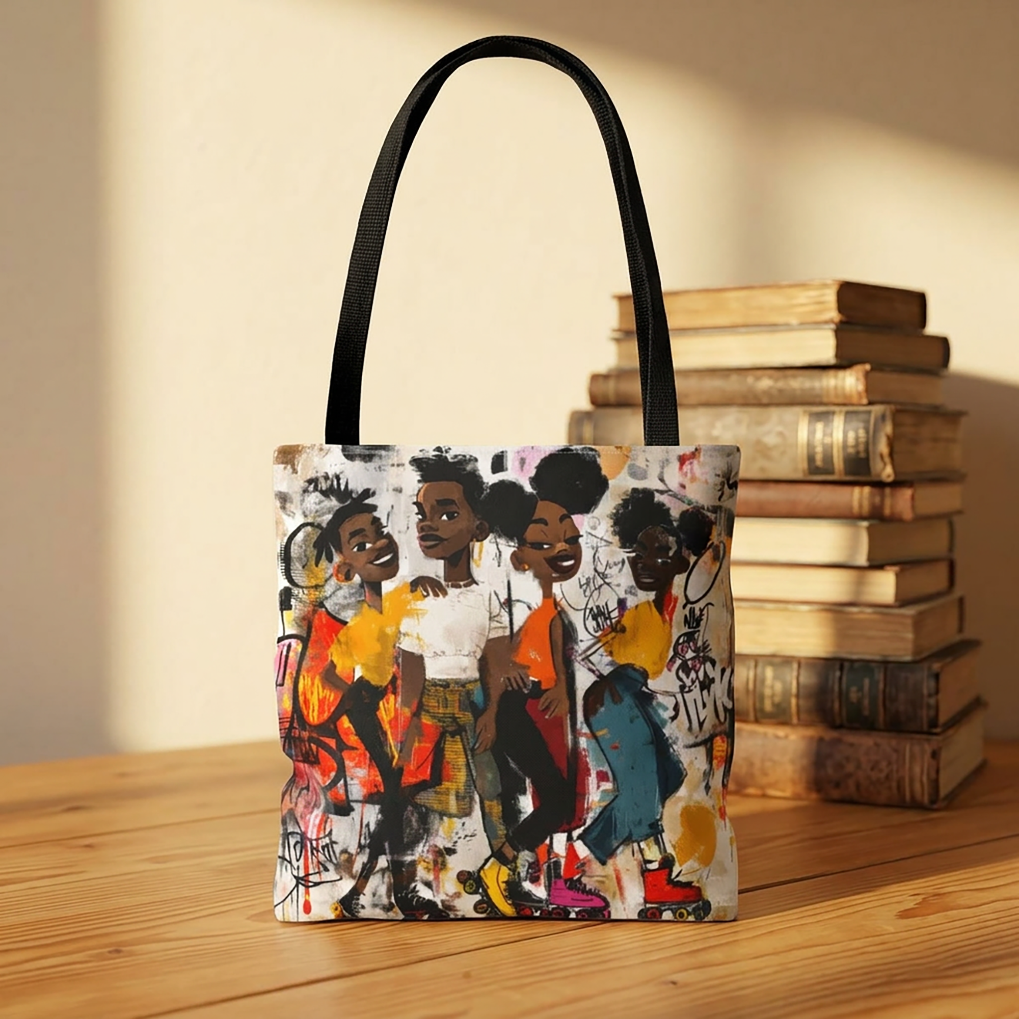 Colorful Afrocentric tote bag featuring abstract graffiti-style cartoon illustrations of Black roller skaters dancing and gliding at a roller rink. Vibrant urban artwork celebrates roller skating culture, Black joy, music, movement, and community.