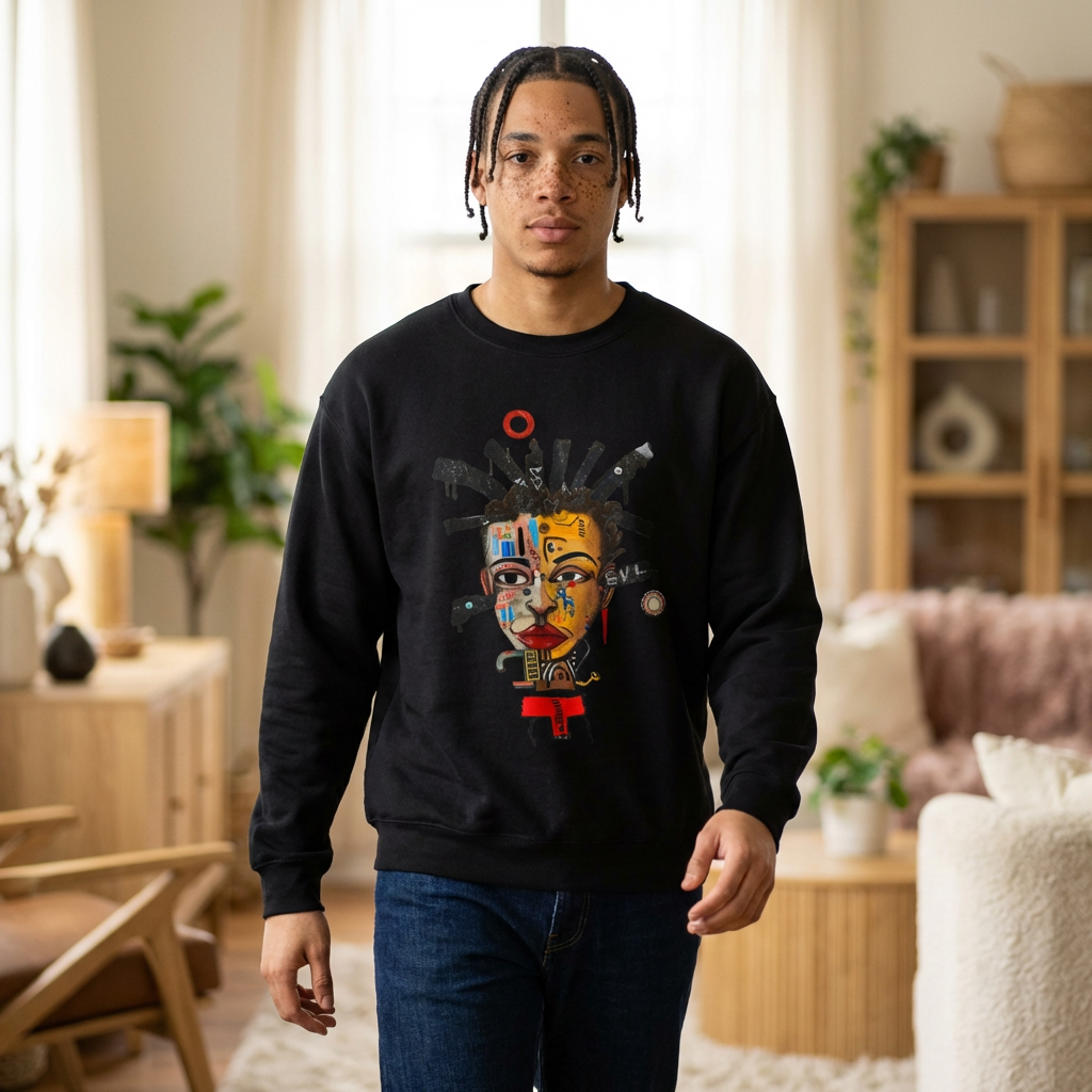Abstract Afrocentric sweatshirt featuring a split-face portrait of a Black man, half human and half robot, with expressive facial features and futuristic mechanical details in an Afrofuturism art style.