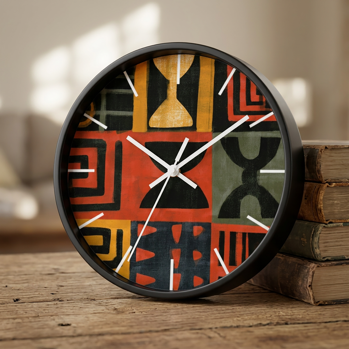Black Afrocentric abstract geometric round wall clock with white time markings and white clock hands, featuring African-inspired symbols, spirals, arches, stripes, and graphic patterns in red, black, mustard gold, charcoal, and earthy gray, displayed on a rustic table against a stack of vintage books.
