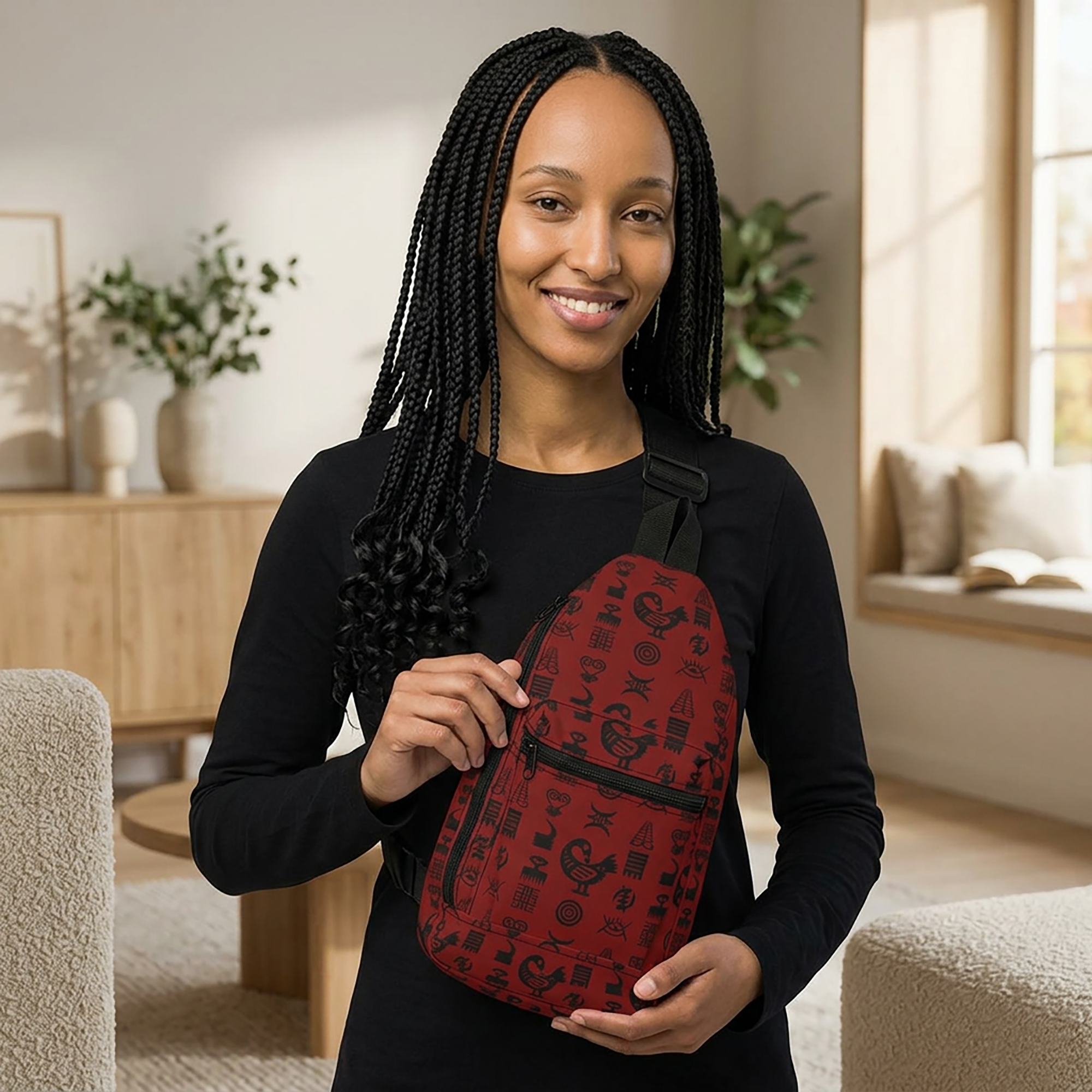 Crossbody sling bag featuring traditional Ghanaian Adinkra symbols in an Afrocentric pattern celebrating African heritage, culture, wisdom, and unity.
