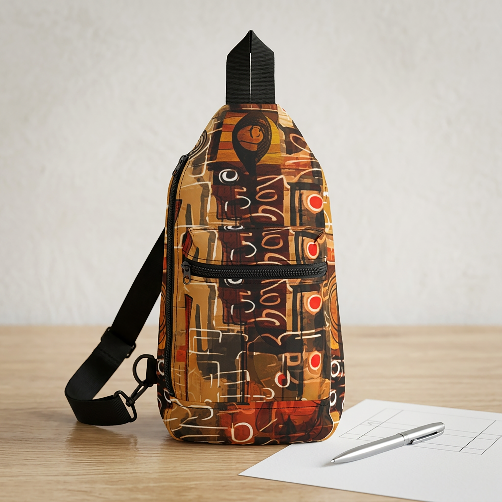 Colorful abstract Afrocentric crossbody sling bag featuring vibrant collage art with bold geometric shapes, layered textures, rich colors, and contemporary cultural-inspired design.