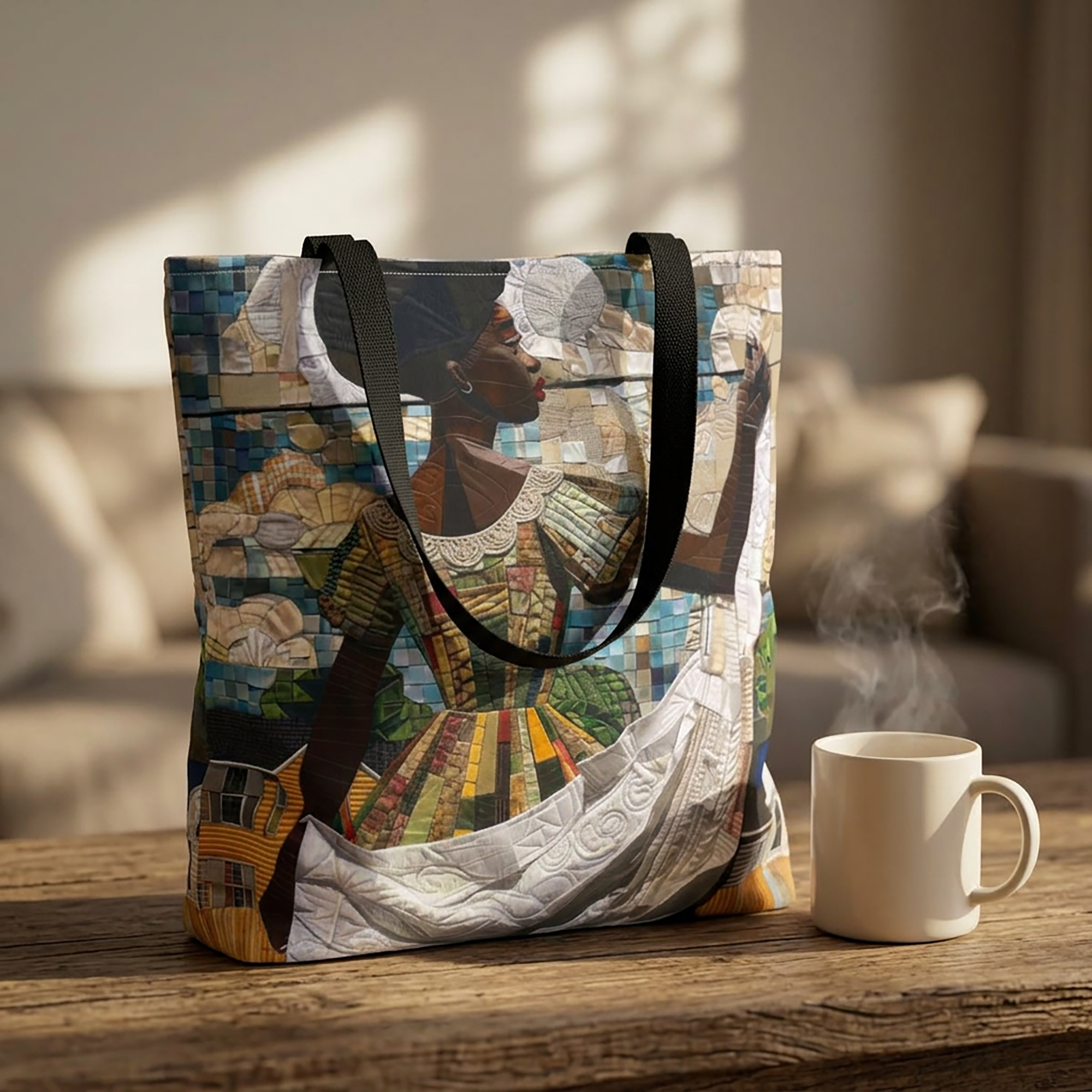 A tote bag with a detailed mosaic-style print of a woman in traditional clothing, styled on a wooden table next to a white mug with steam rising in a warm, sunlit room.