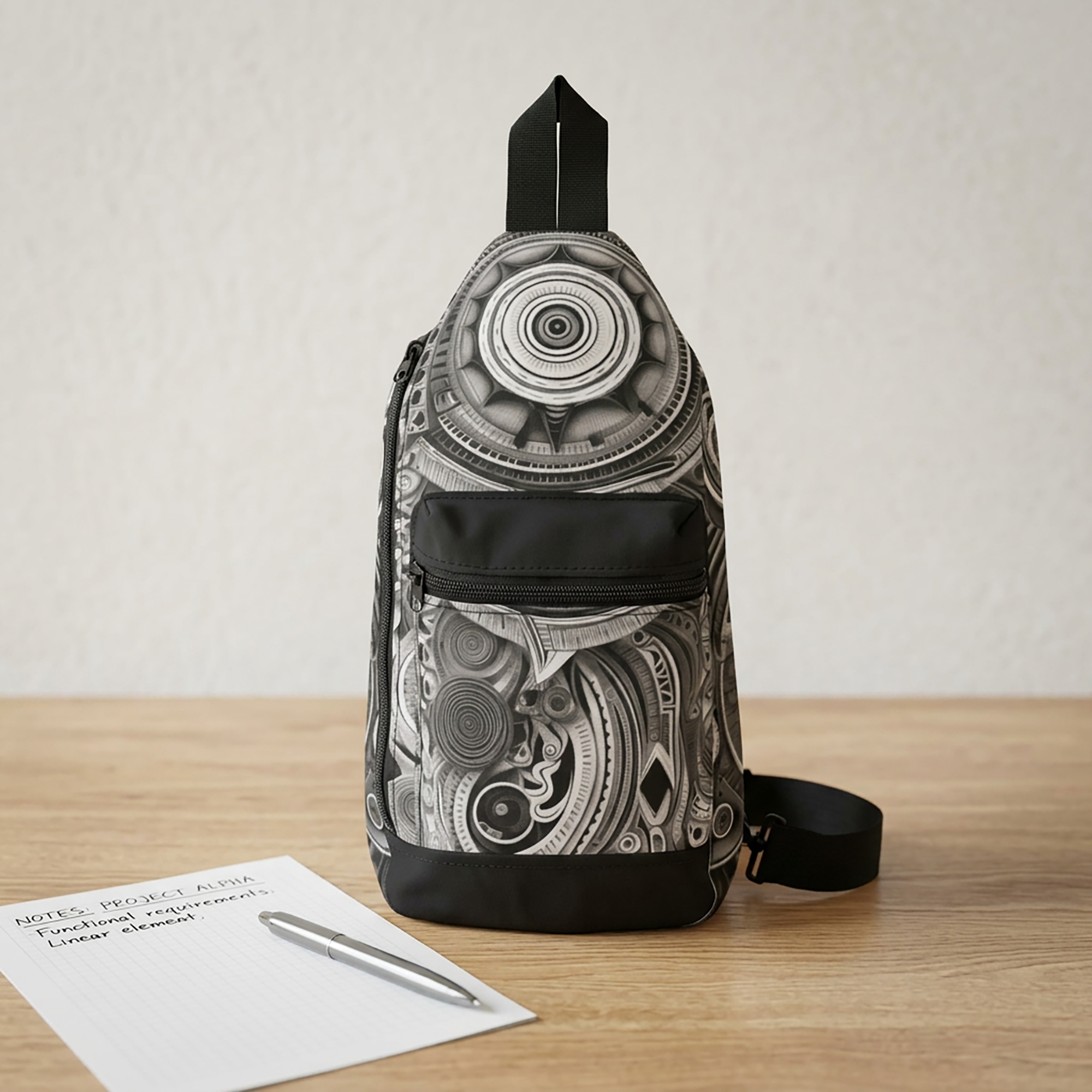 Black and white abstract Afrofuturism crossbody sling bag featuring futuristic geometric artwork, bold monochrome patterns, cultural design elements, and contemporary wearable art styling.