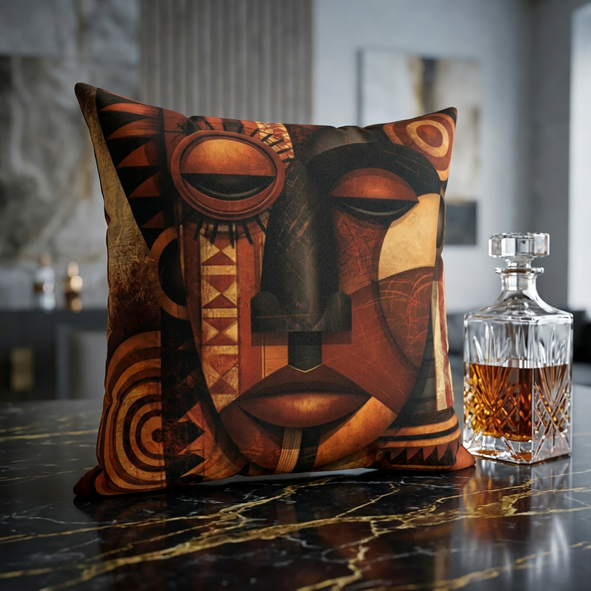 Abstract Afrocentric African Mask 20" x 20" throw pillow featuring a colorful tribal-inspired face with bold geometric patterns and vibrant cultural artwork, displayed on a gold vine marble tabletop with a glass decanter.