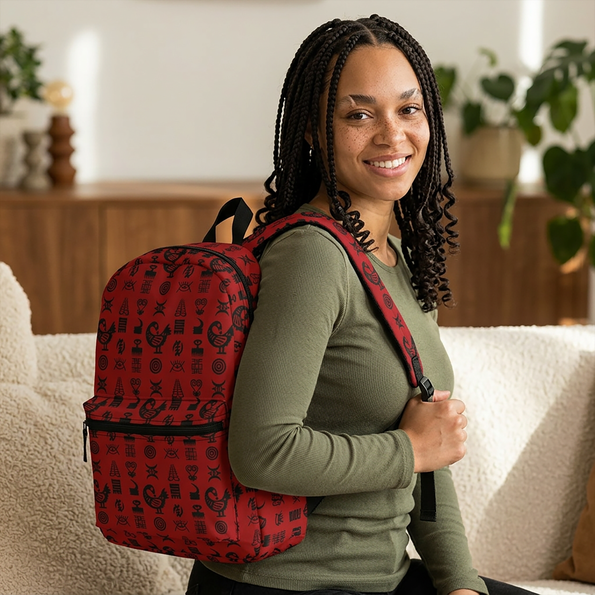Backpack for school and travel featuring traditional Ghanaian Adinkra symbols in an Afrocentric pattern celebrating African heritage, culture, wisdom, and unity.