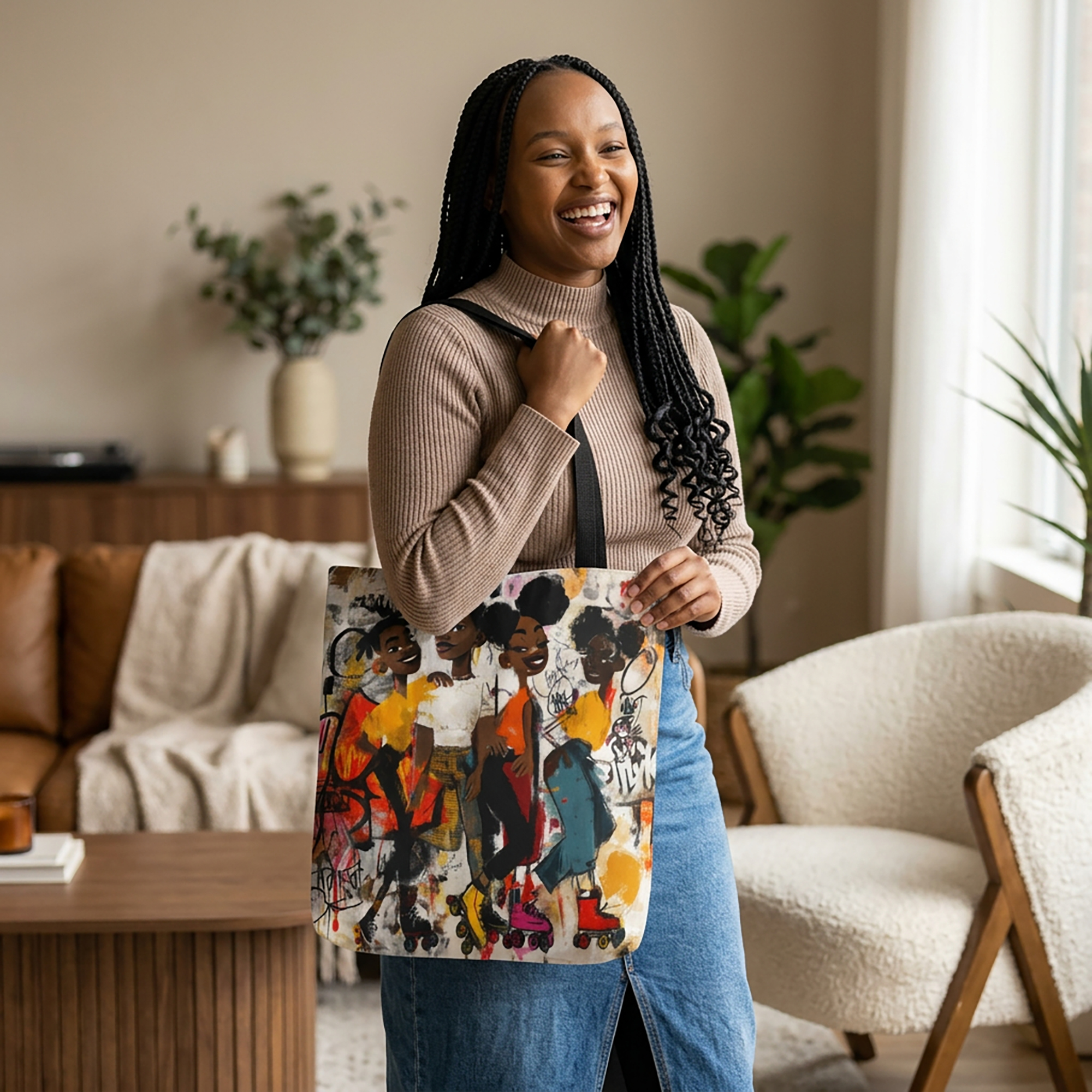 Colorful Afrocentric tote bag featuring abstract graffiti-style cartoon illustrations of Black roller skaters dancing and gliding at a roller rink. Vibrant urban artwork celebrates roller skating culture, Black joy, music, movement, and community.
