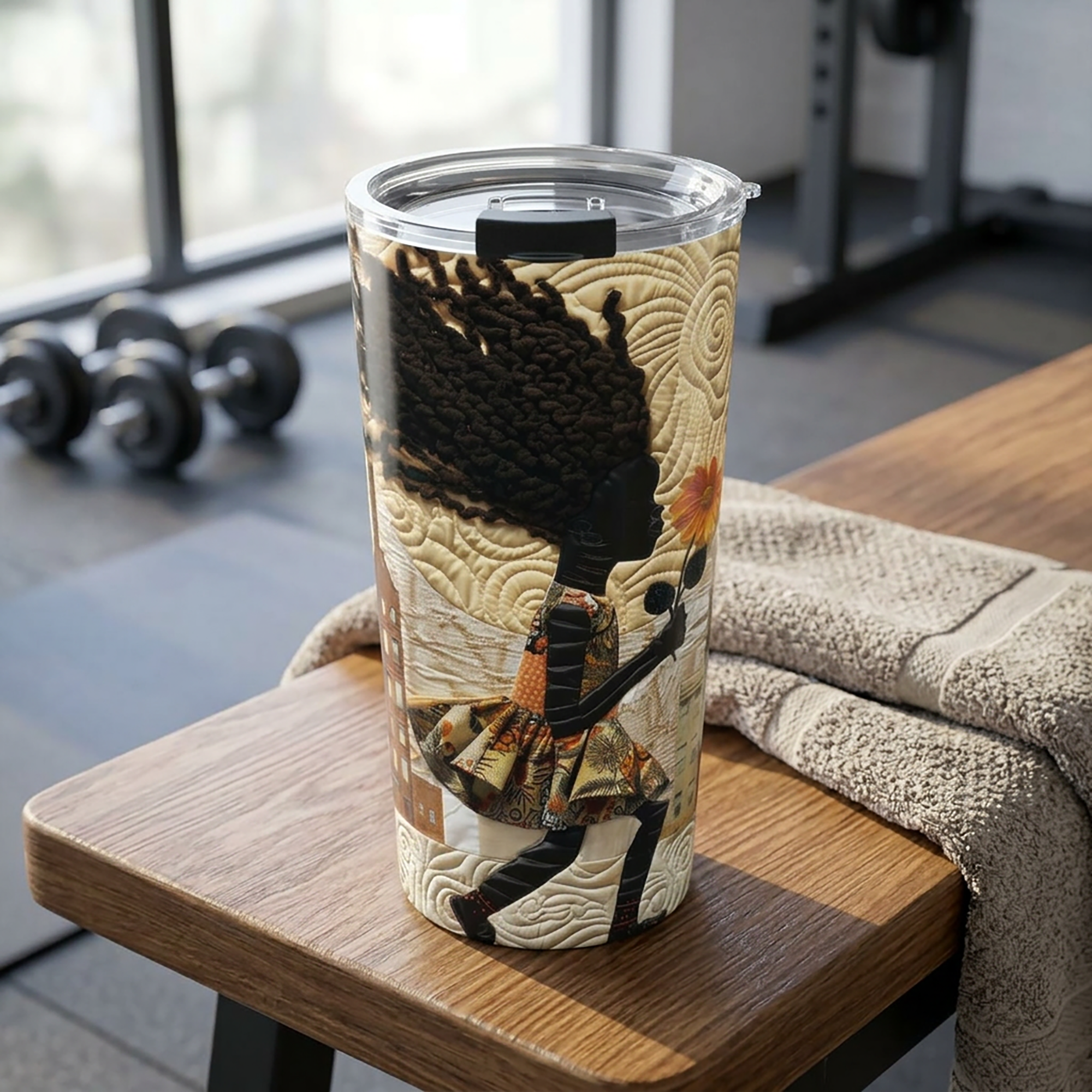 20 oz stainless steel travel tumbler featuring a young Black girl carrying a yellow sunflower while walking through Harlem. Her long braids blow in the wind with historic Harlem brownstones and New York City architecture in the background, illustrated in a colorful Afrocentric faux quilt collage style.  Tumbler is featured on a wood bench at the gym.