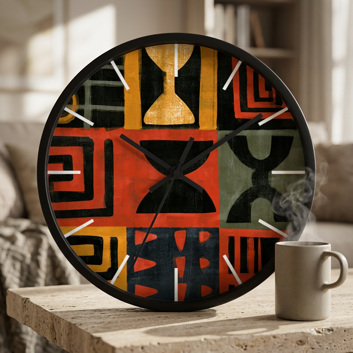 Black Afrocentric abstract geometric round wall clock with white time markings and black clock hands, featuring African-inspired symbols, spirals, arches, stripes, and graphic patterns in red, black, mustard gold, charcoal, and earthy gray, displayed against a white on a rustic table with a coffee mug.