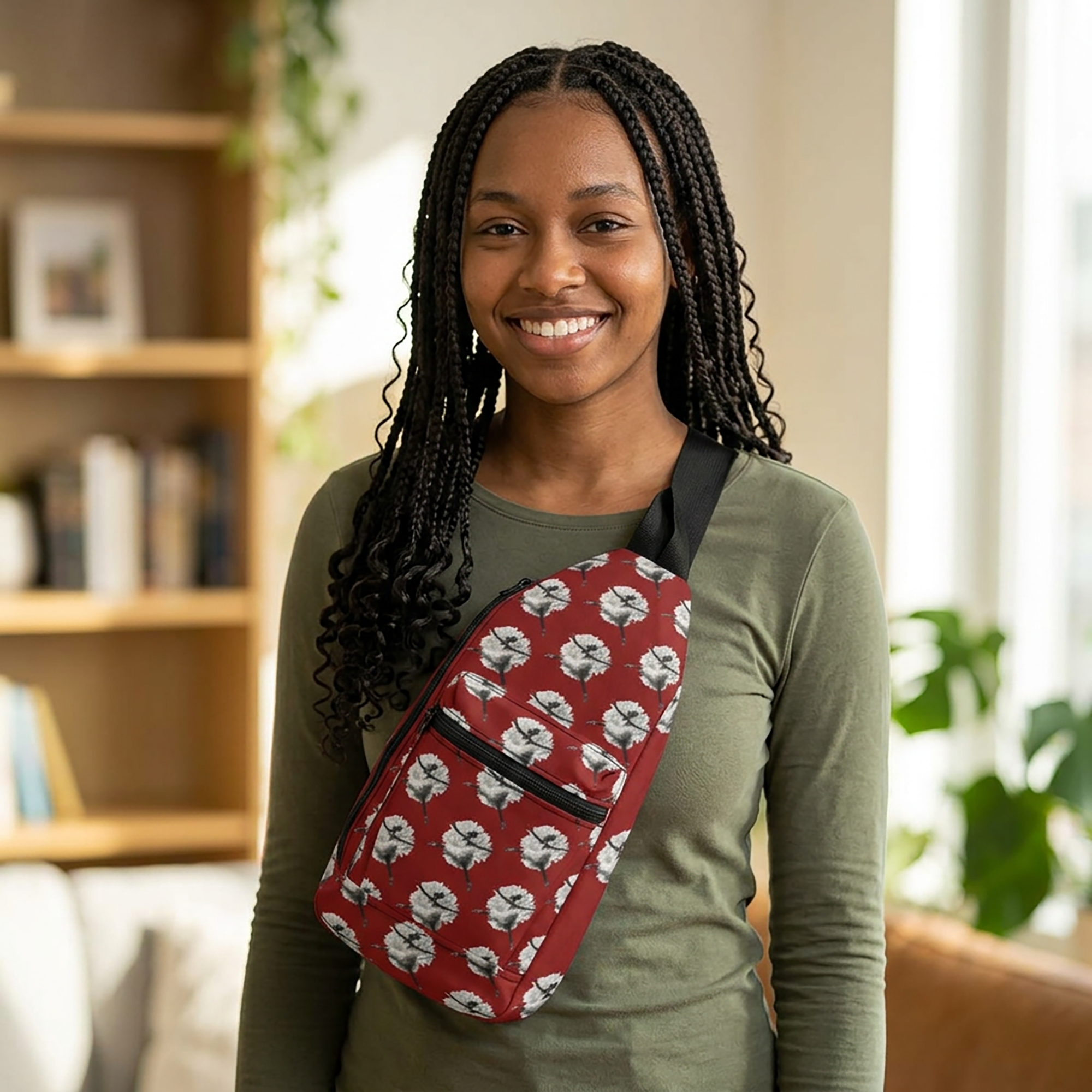 Crossbody sling bag featuring a graceful Black girl ballerina wearing a white tutu and ballet slippers in an elegant dance pose, celebrating ballet and African American representation.