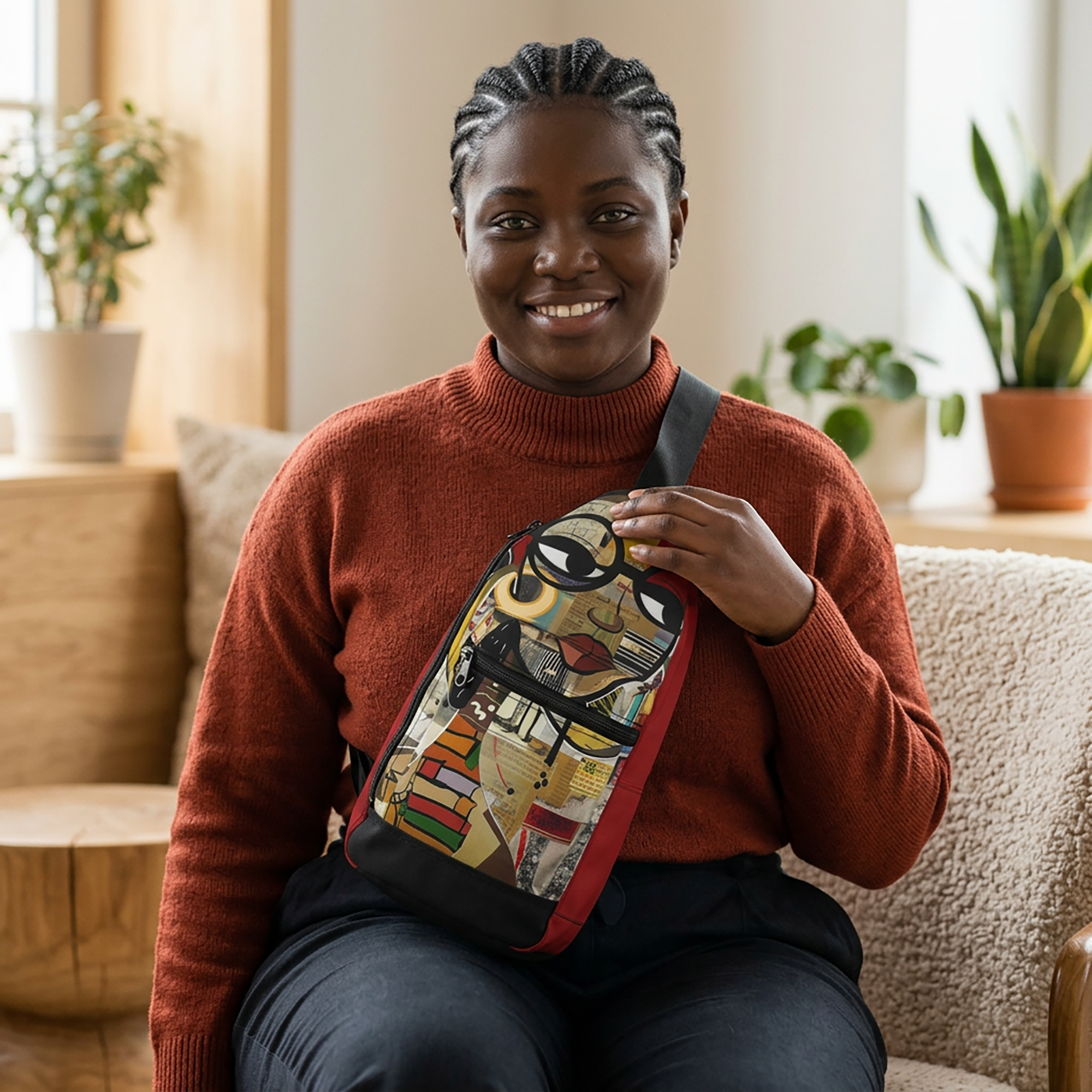 Latisha crossbody sling bag featuring an abstract cartoon-style Black woman with oversized round black eyeglasses in a vibrant Afrocentric graffiti art design celebrating Black girl magic and empowerment.