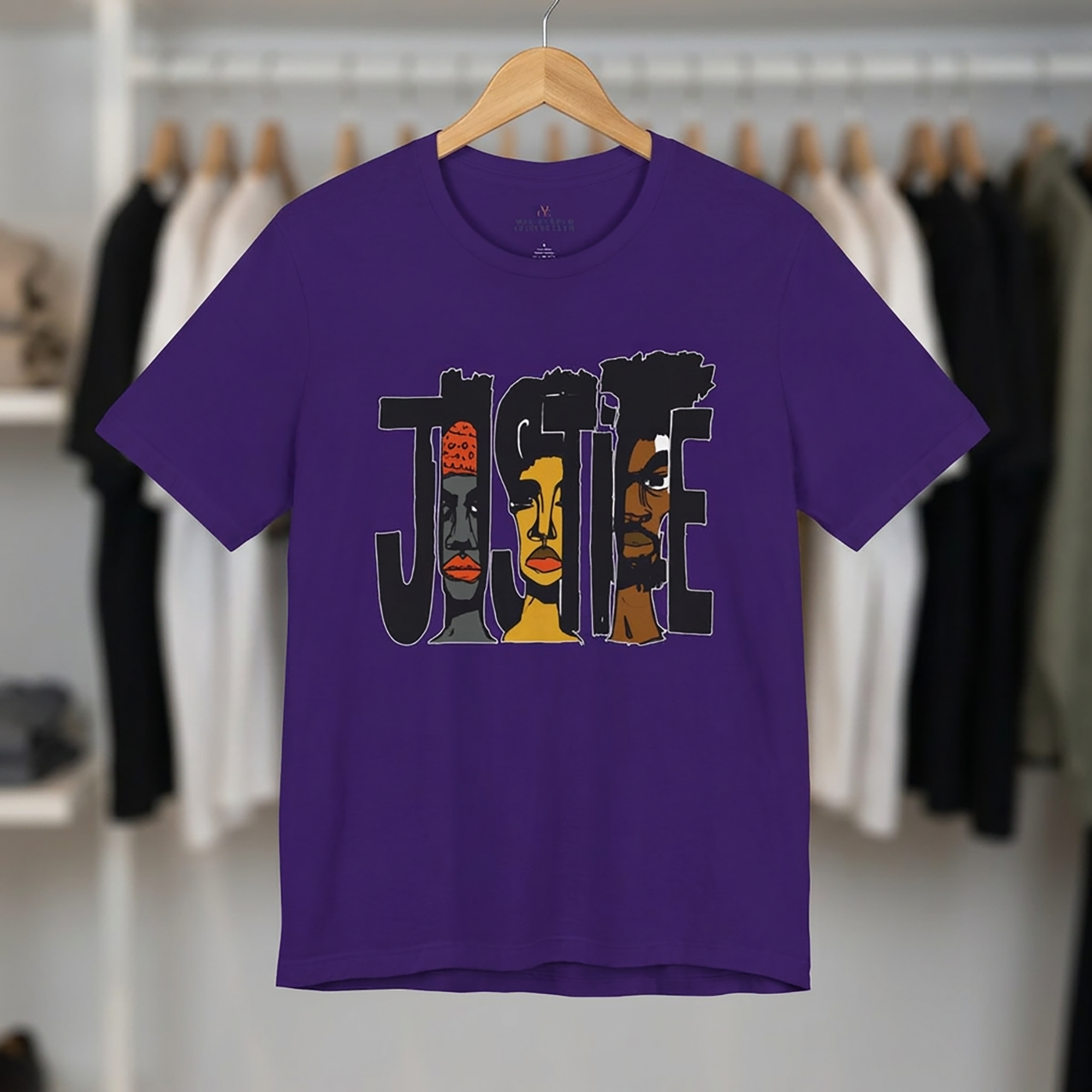 A purple short-sleeve t-shirt hanging on a wooden hanger, featuring a graphic print of the word 'JUSTICE' filled with abstract Black people. The background shows a blurred clothing rack with other garments.