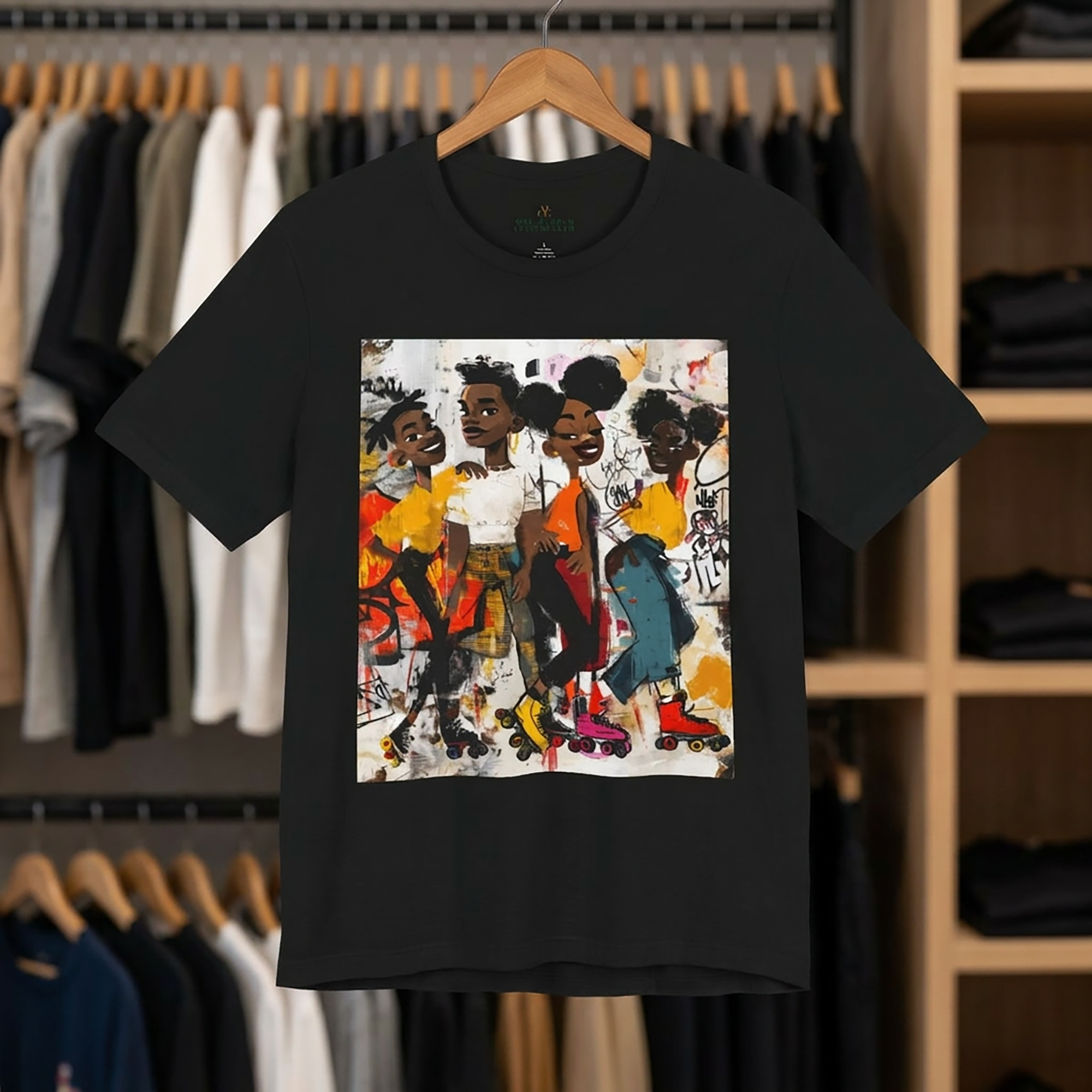 Abstract graffiti-style cartoon illustration of Black roller skaters dancing and skating at a roller rink, featuring vibrant colors, urban street art influences, and Afrocentric cultural themes on a unisex graphic tee shirt.
