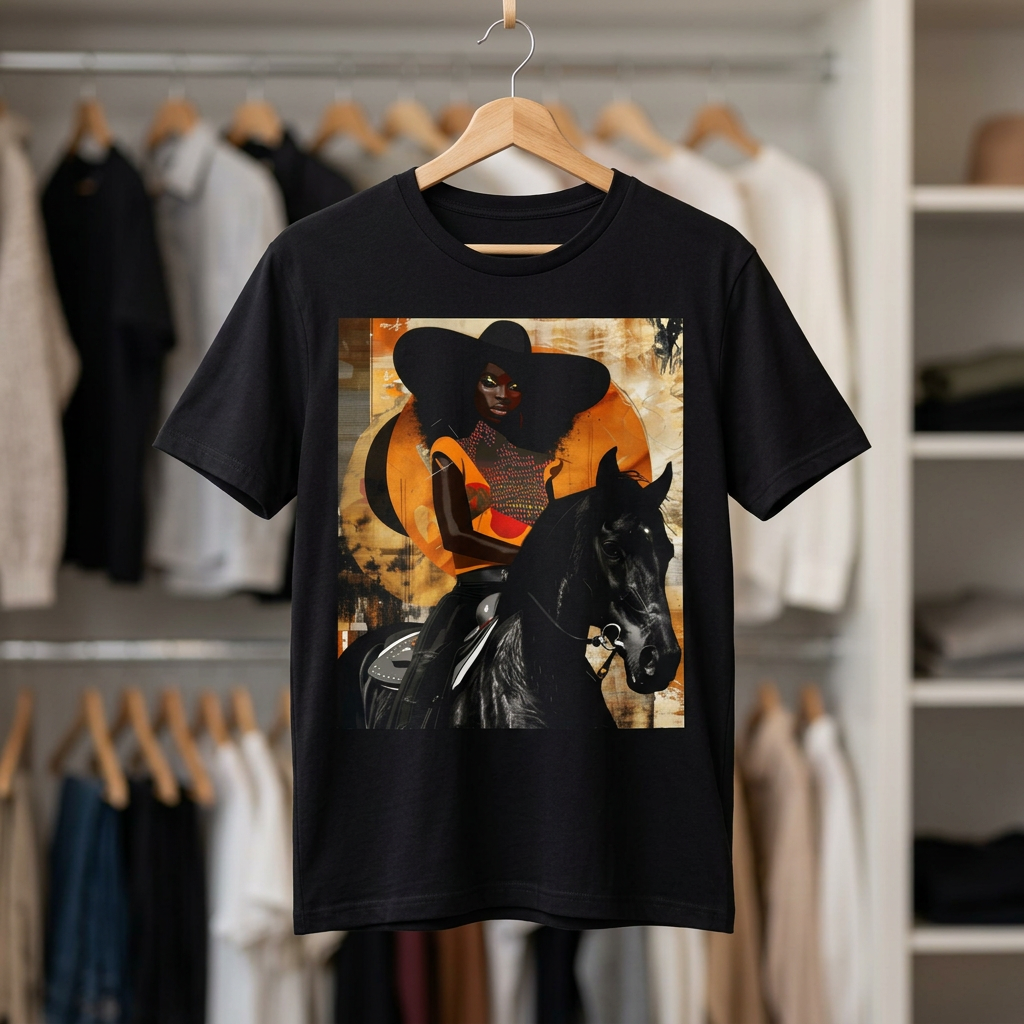 Afrocentric Black cowgirl t-shirt featuring a Black woman riding a stallion in an abstract collage art style, western-inspired graphic tee with cultural and modern aesthetic.