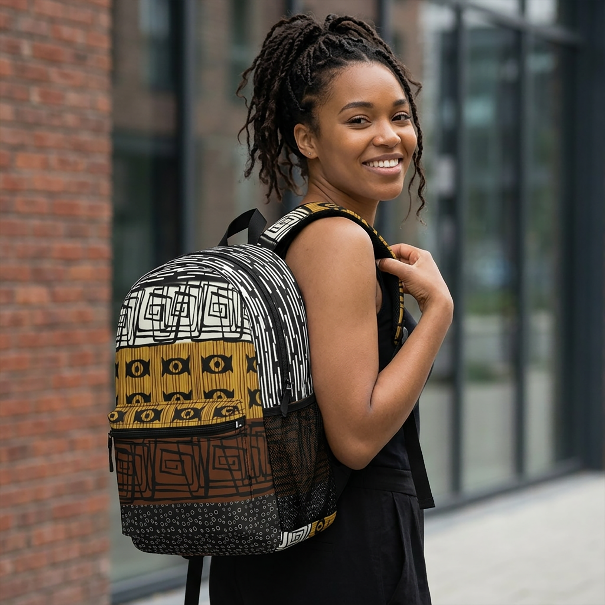 African Mud Cloth Backpack featuring traditional Bogolan tribal patterns. Stylish Afrocentric laptop and travel backpack inspired by authentic African heritage.