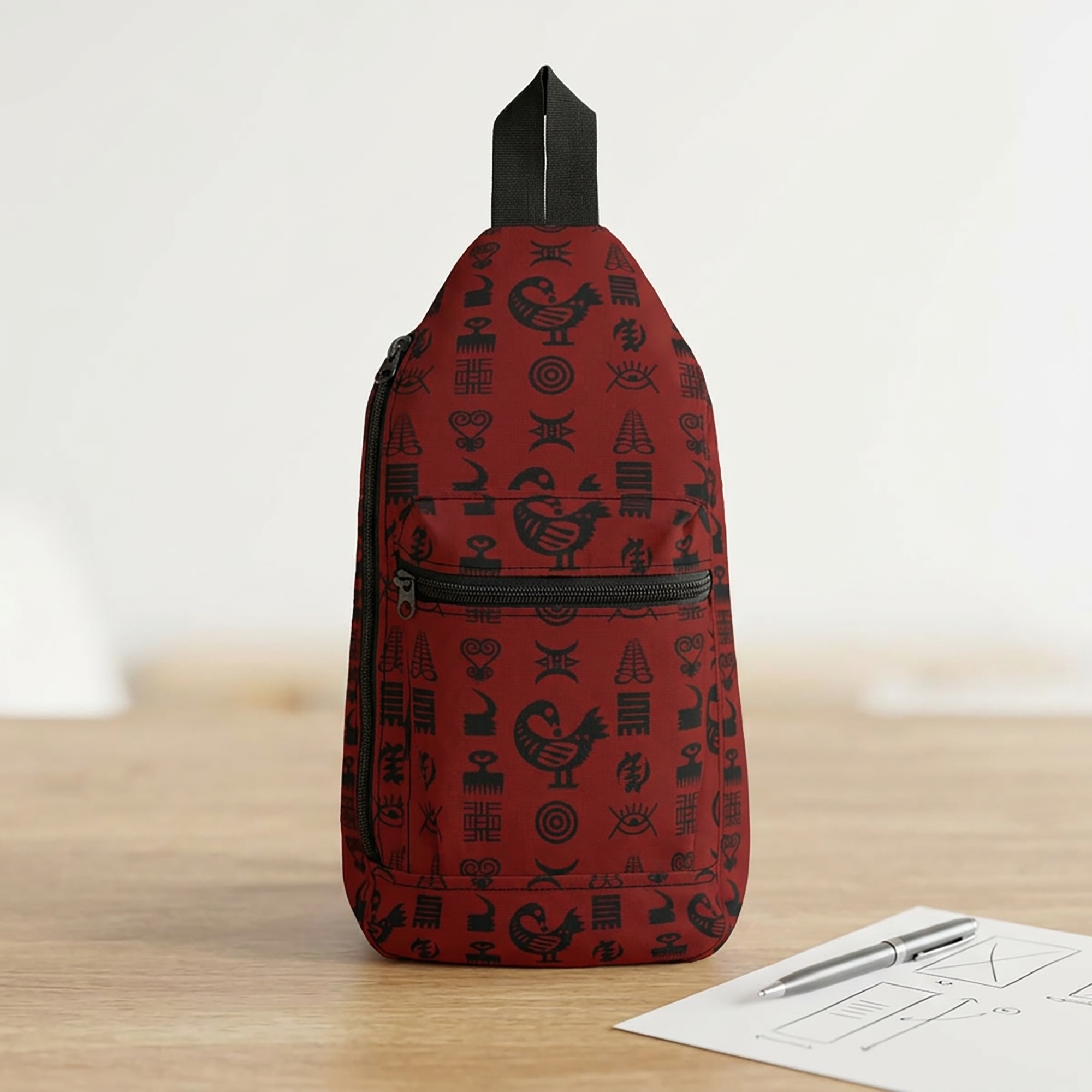 Crossbody sling bag featuring traditional Ghanaian Adinkra symbols in an Afrocentric pattern celebrating African heritage, culture, wisdom, and unity.