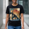 Black Woman Yoga Pose T-shirt featuring abstract textured artwork of an African American woman practicing yoga in a peaceful meditation pose with contemporary Afrocentric artistic styling.