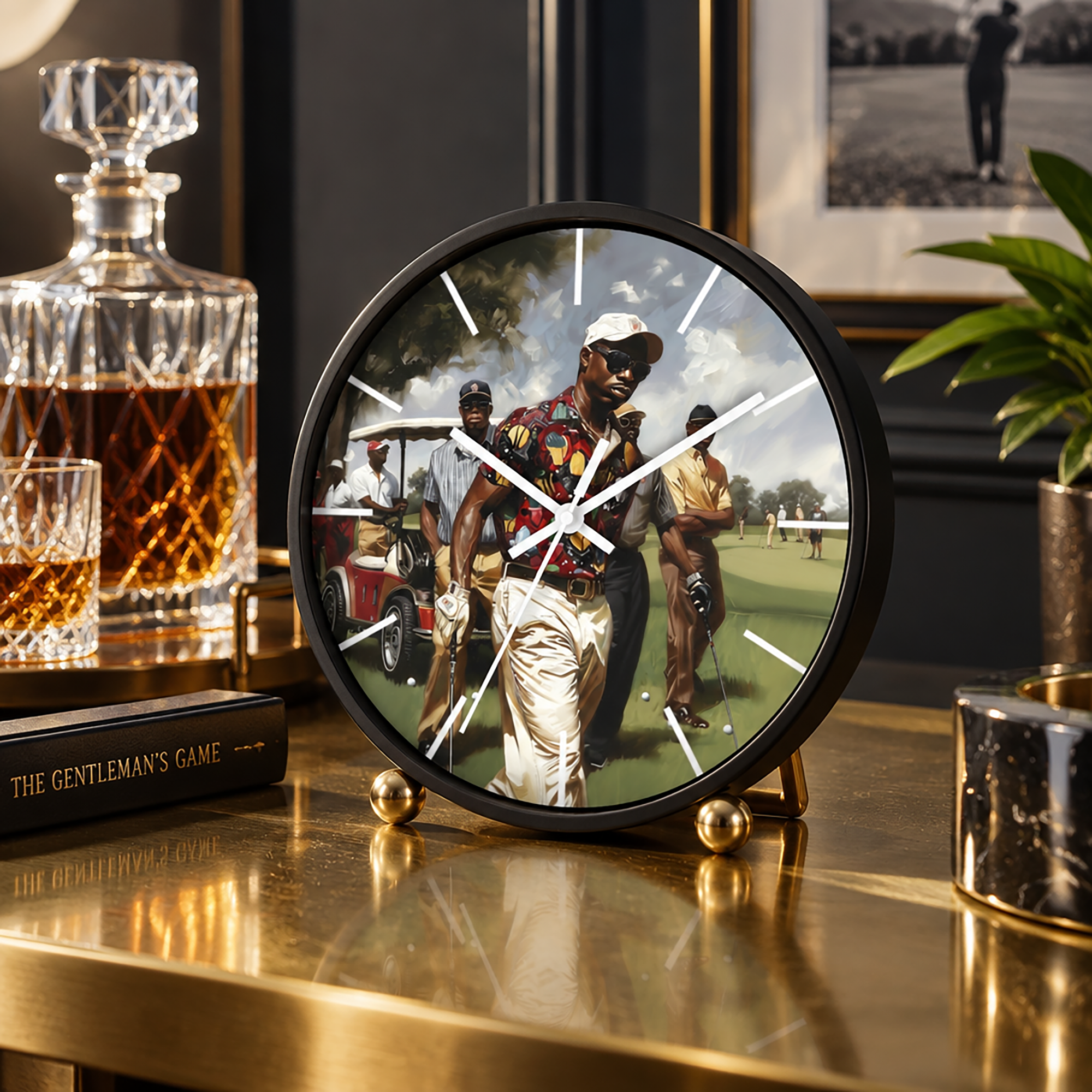 A round black-framed desk clock with a golf-themed printed face, styled on a gold tabletop next to a crystal decanter, glass, and book.