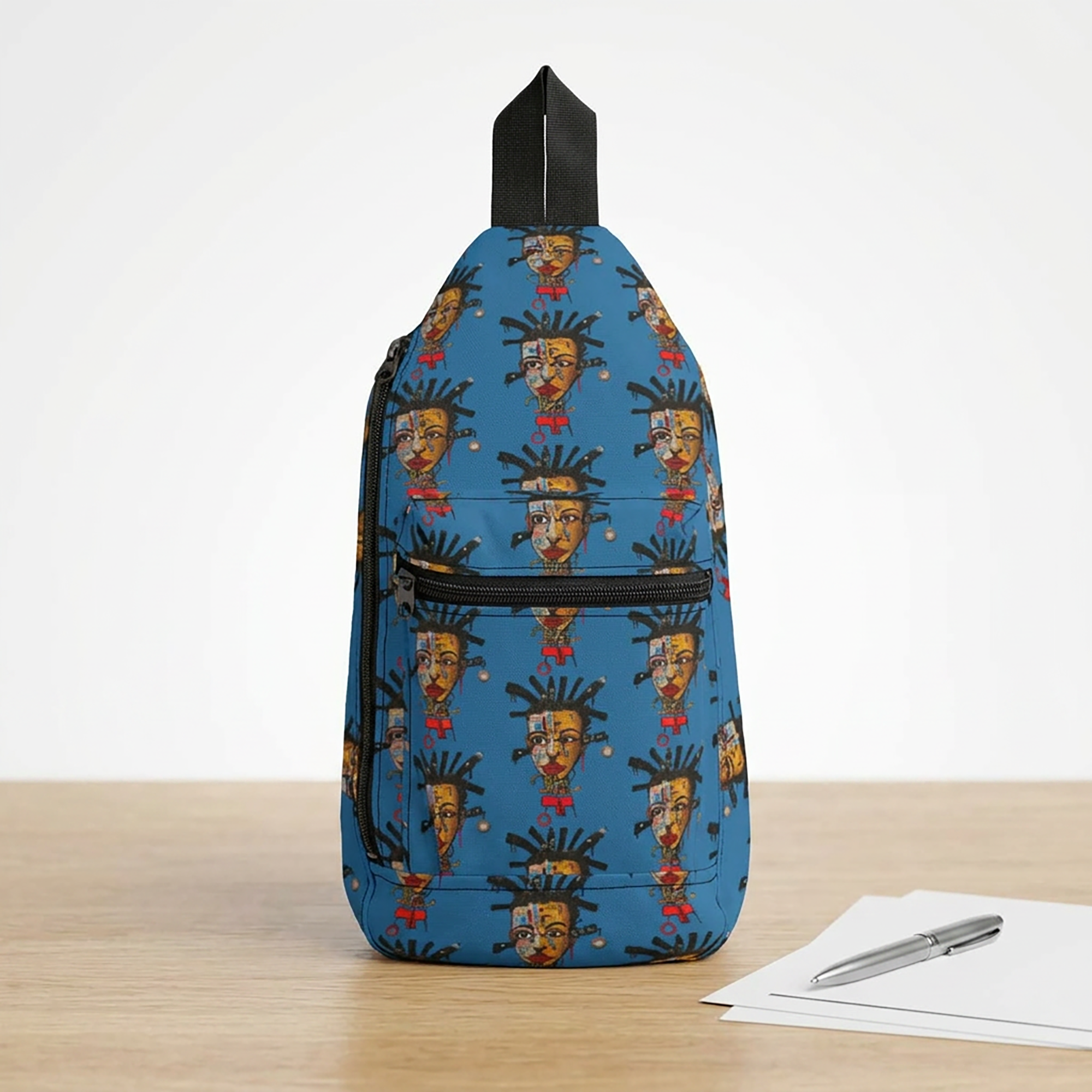 Afrofuturism crossbody sling bag featuring an abstract Black cyborg man portrait with futuristic cybernetic details and vibrant Afrocentric digital art.