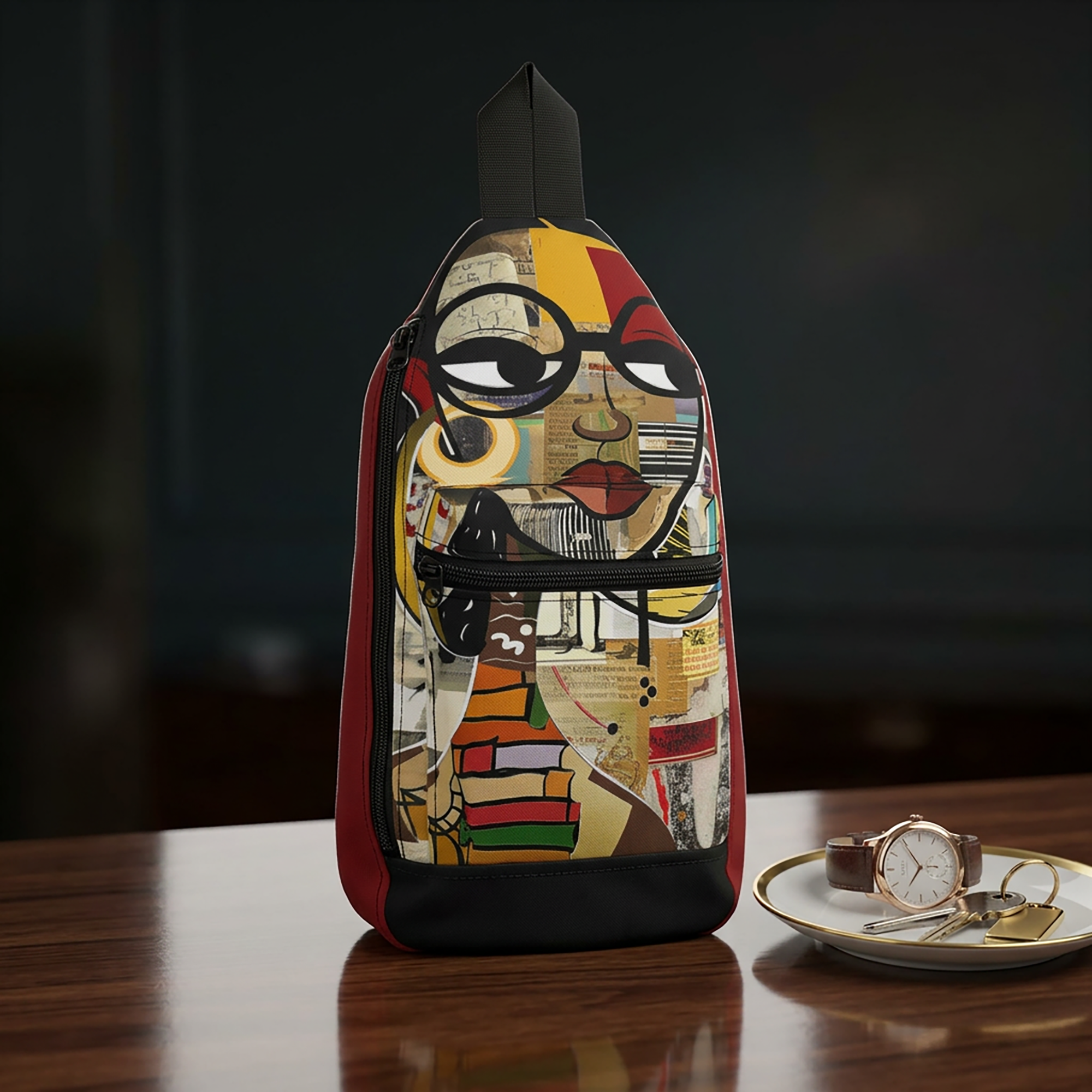 Latisha crossbody sling bag featuring an abstract cartoon-style Black woman with oversized round black eyeglasses in a vibrant Afrocentric graffiti art design celebrating Black girl magic and empowerment.