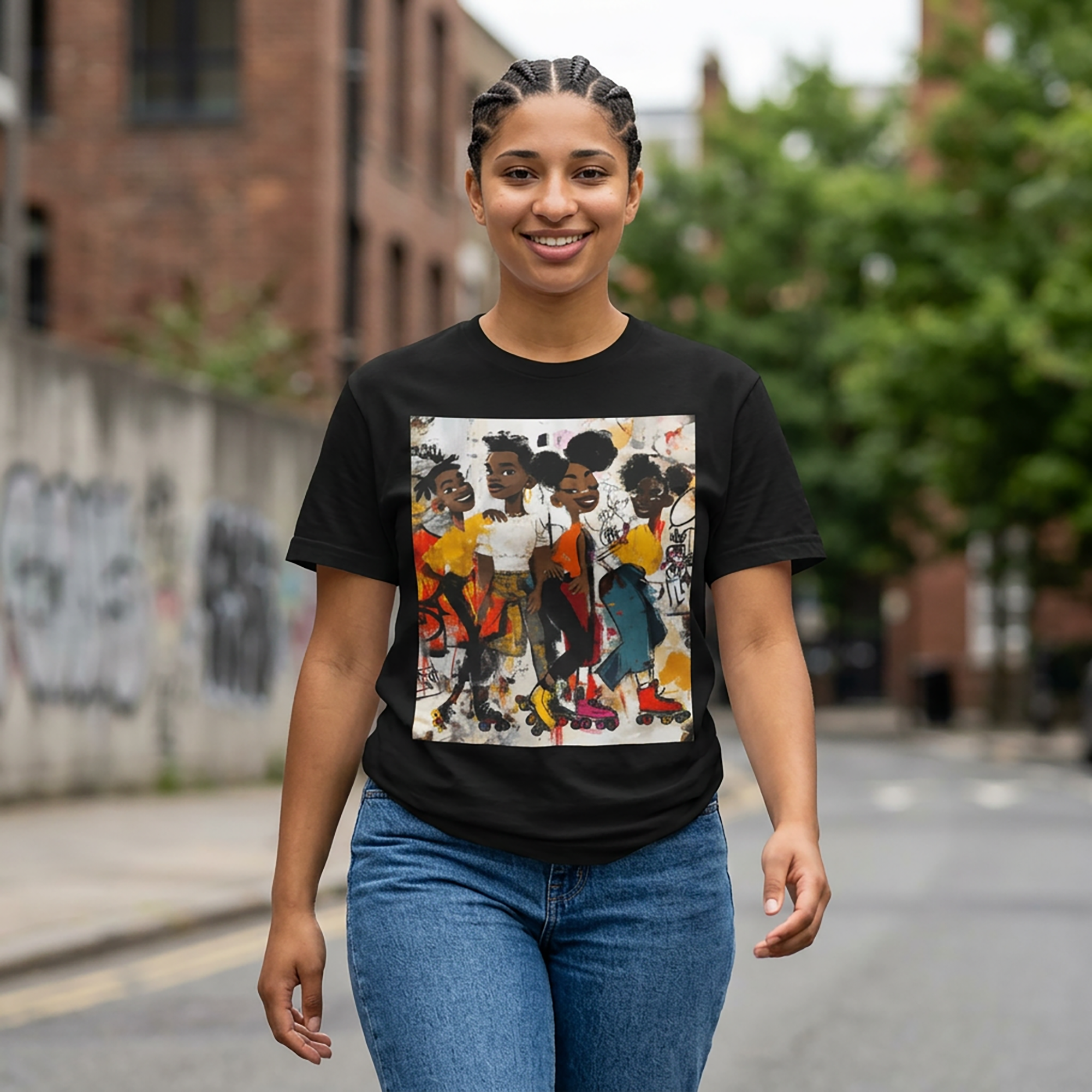 Abstract graffiti-style cartoon illustration of Black roller skaters dancing and skating at a roller rink, featuring vibrant colors, urban street art influences, and Afrocentric cultural themes on a unisex graphic tee shirt.