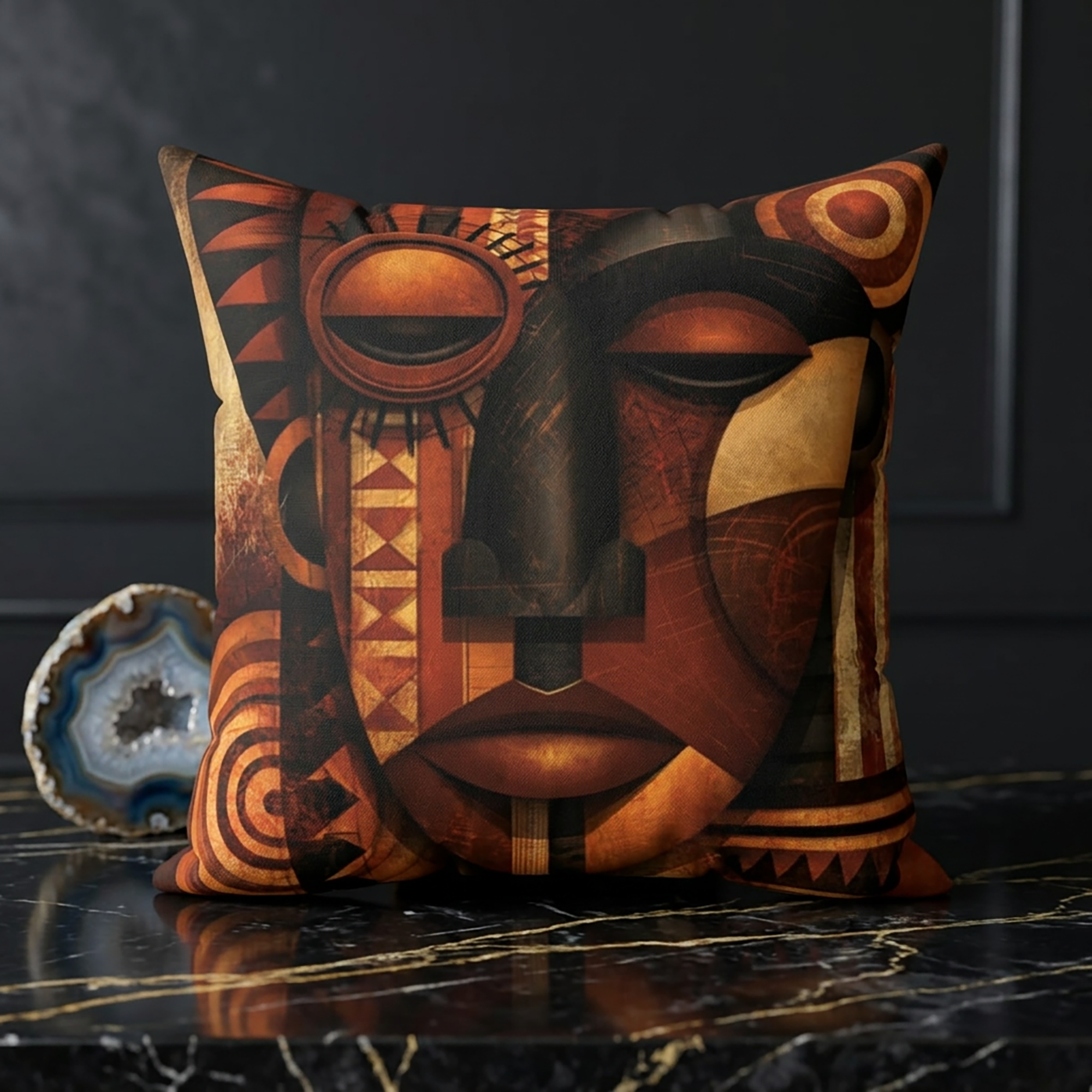 Abstract Afrocentric African Mask 20" x 20" throw pillow featuring a colorful tribal-inspired face with bold geometric patterns and vibrant cultural artwork, displayed with a marble agate accent piece.
