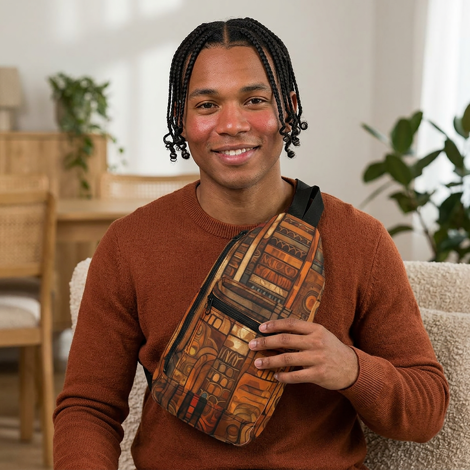 Colorful abstract Afrocentric crossbody sling bag featuring vibrant collage art with bold geometric shapes, layered textures, rich colors, and contemporary cultural-inspired design.