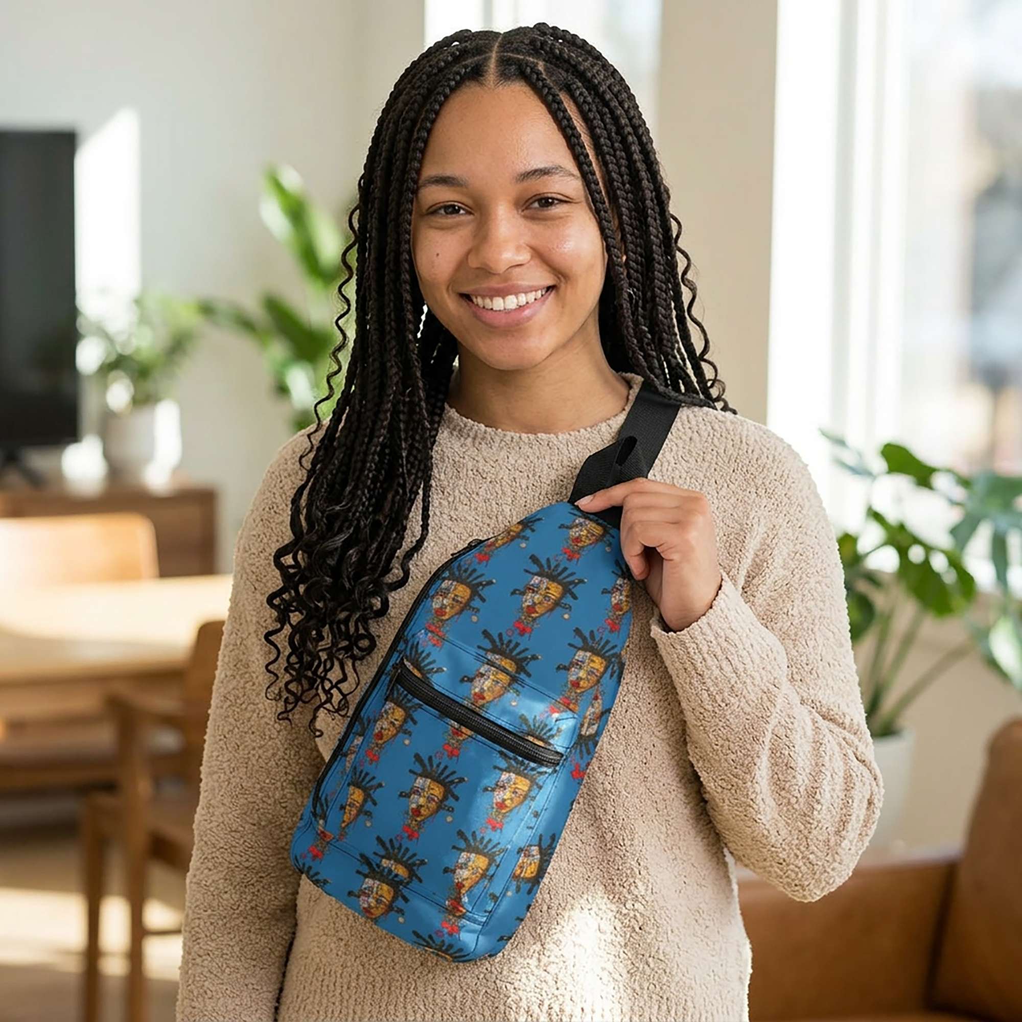 Afrofuturism crossbody sling bag featuring an abstract Black cyborg man portrait with futuristic cybernetic details and vibrant Afrocentric digital art.