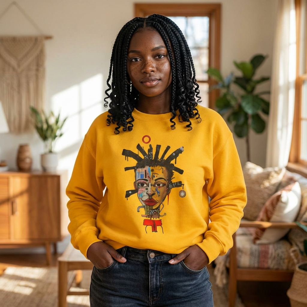 Abstract Afrocentric sweatshirt featuring a split-face portrait of a Black man, half human and half robot, with expressive facial features and futuristic mechanical details in an Afrofuturism art style.